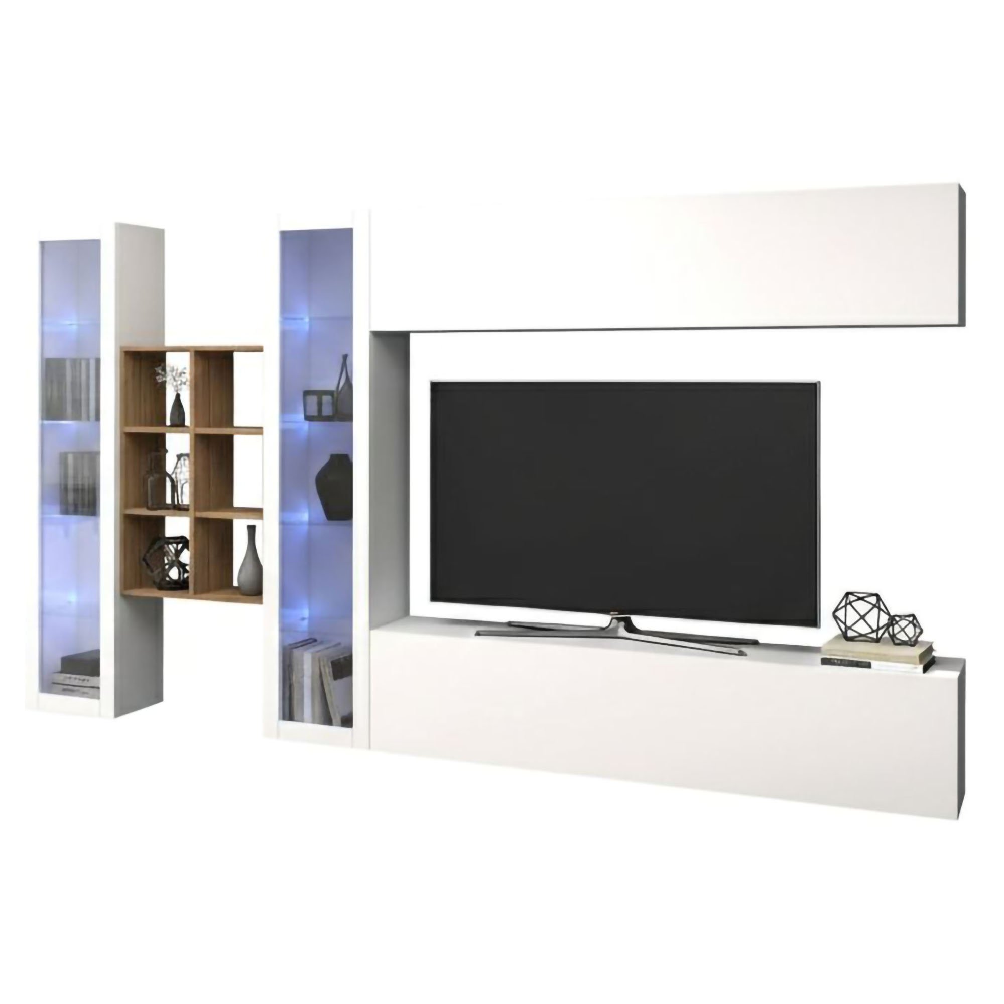 Système Mural Dcaprin, 280x30h180 Cm, Blanc Brillant Et Érable