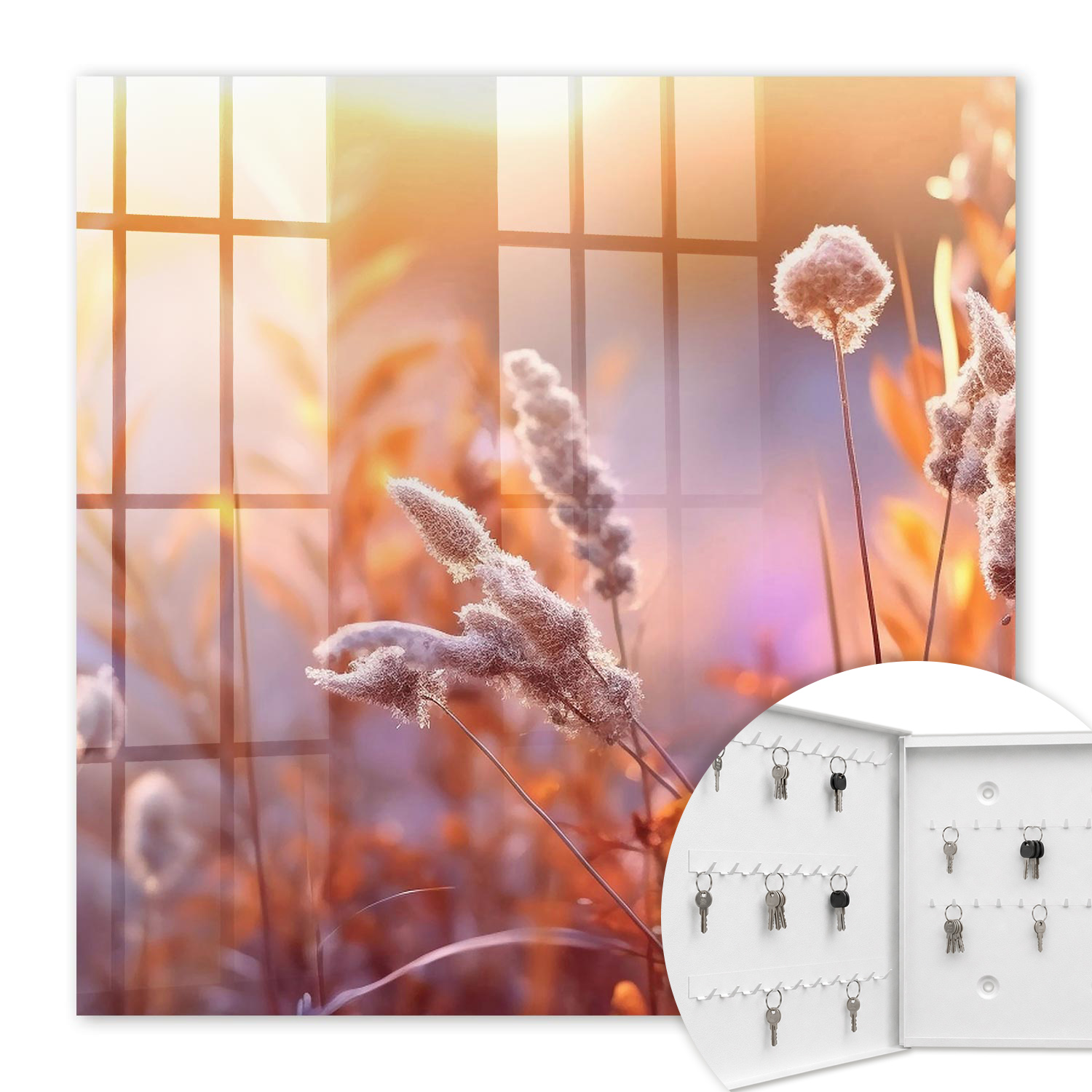 Armoire À Clés - (30 Cm X 30 Cm) - Boîte À Clés Murale - Coffret De Rangement Pour Clés - Couleur Blanche - Ouverture Vers La Gauche - Pour Maison Et Bureau - Coucher De Soleil