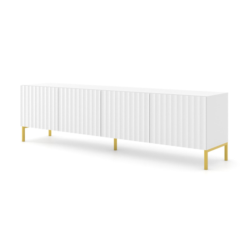 Meuble Tv À 4 Portes Avec Cadre Doré "wave" - Blanc Mat - L 200 Cm