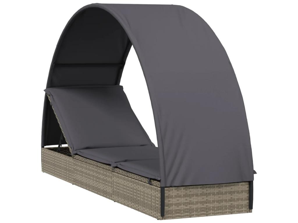 Transat Chaise Longue Bain De Soleil Lit De Jardin Terrasse Meuble D'extérieur Avec Toit Rond 211 X 57 X 140 Cm Résine T