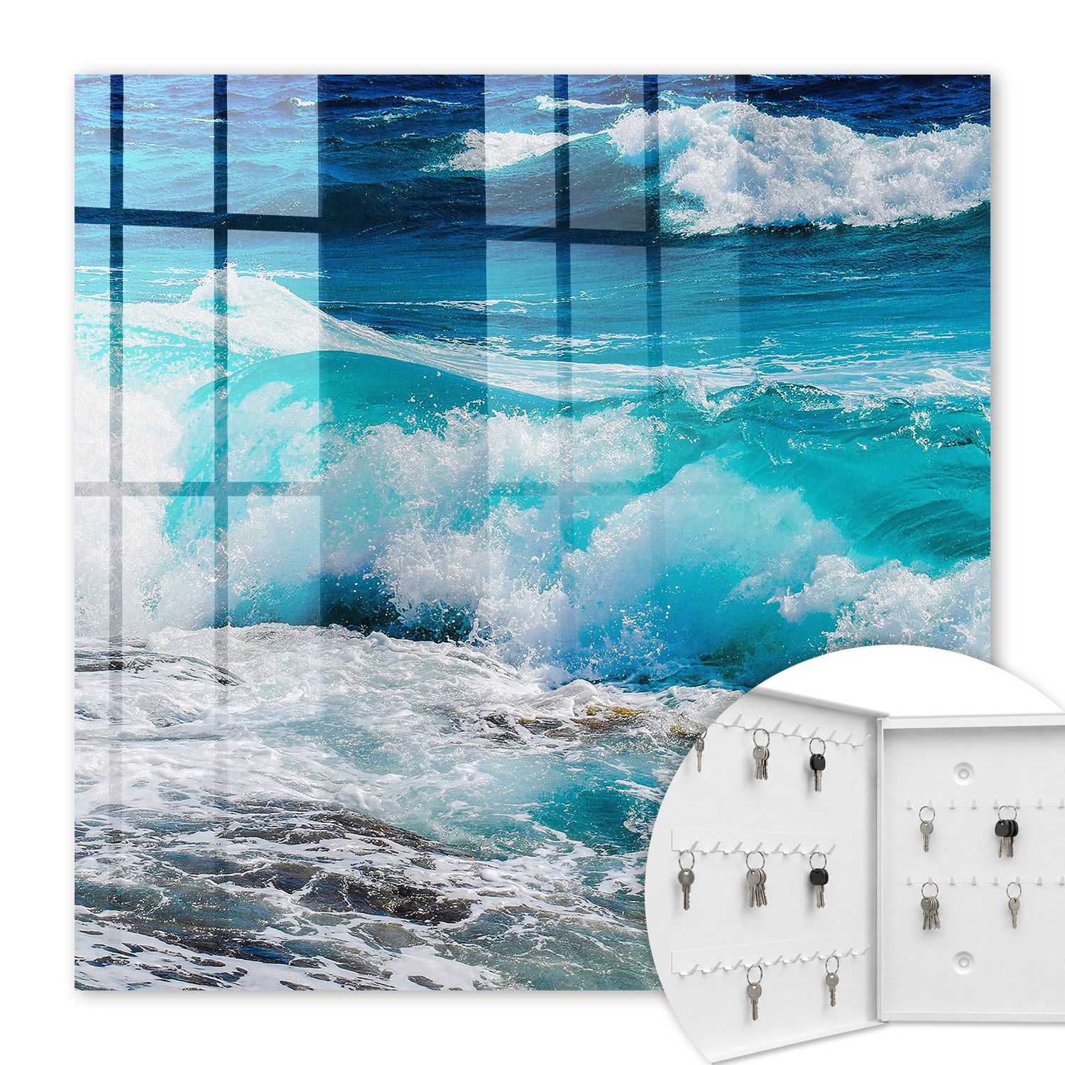 Armoire À Clés - (30 Cm X 30 Cm) - Boîte À Clés Murale - Coffret De Rangement Pour Clés - Couleur Blanche - Ouverture Vers La Gauche - Pour Maison Et Bureau - La Puissance Des Vagues