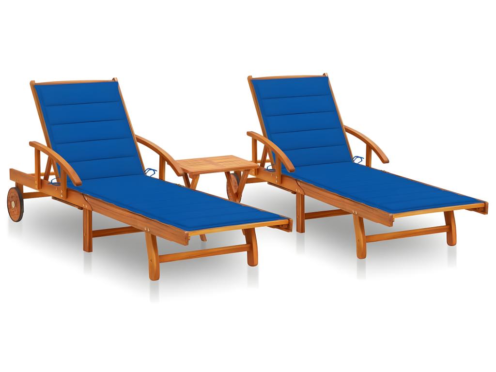 Lot De 2 Transats Chaise Longue Bain De Soleil Lit De Jardin Terrasse Meuble D'extérieur Avec Table Et Coussins Acacia S