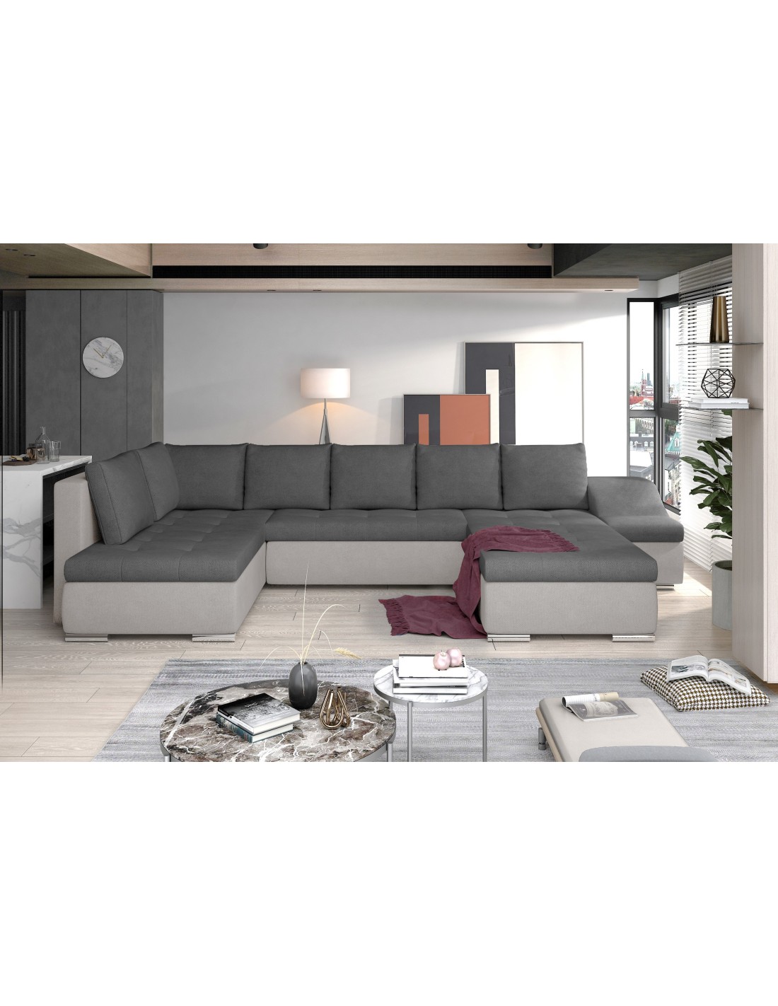 Canapé Panoramique Gyovani Gris Foncé Et Gris Clair Angle Droit Convertible Pieds Métal