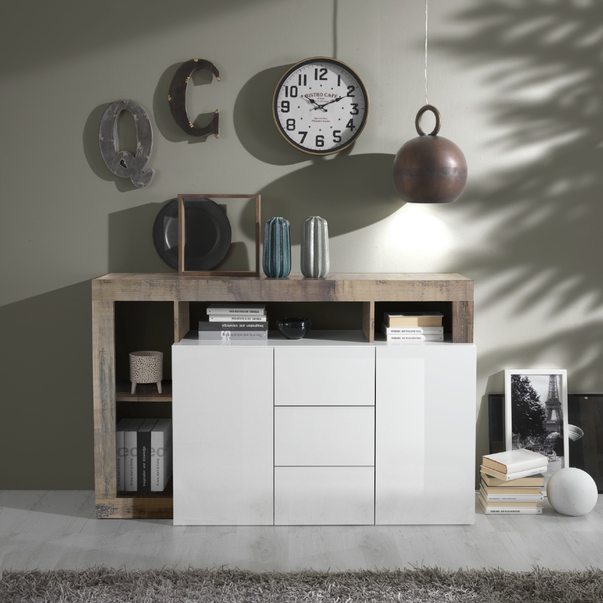 Buffet Laqué Blanc Et Bois Naturel 2 Portes-3 Tiroirs Gama