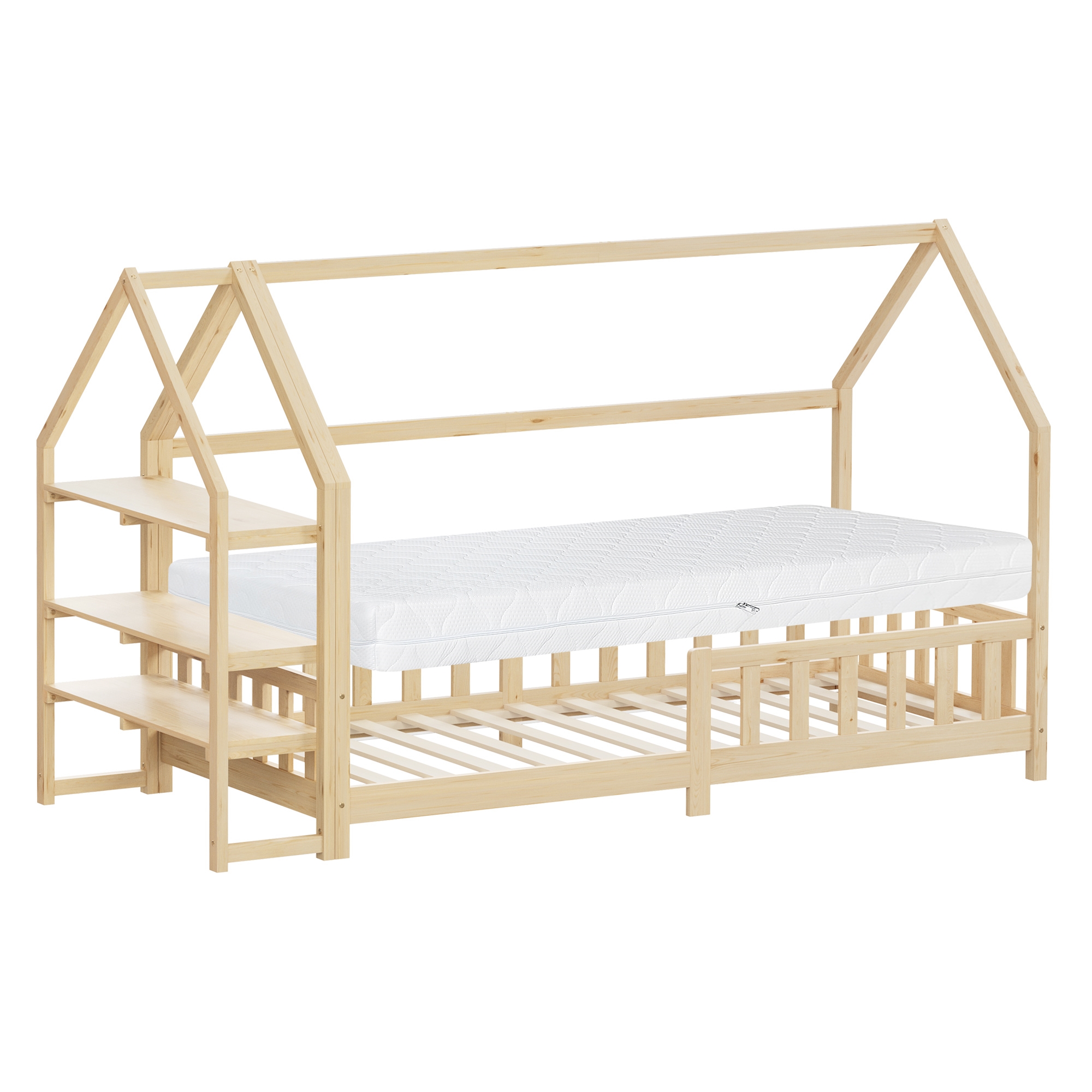 Ml-design Lit Cabane Enfant 90x200 Cm Beige Bois De Pin Avec Matelas H16cm, Étagère, Antichute, Toit Et Sommier À Lattes, Style Maison, Couchage Au Sol Maisonnette Lit Simple Chambre Fille Garçon