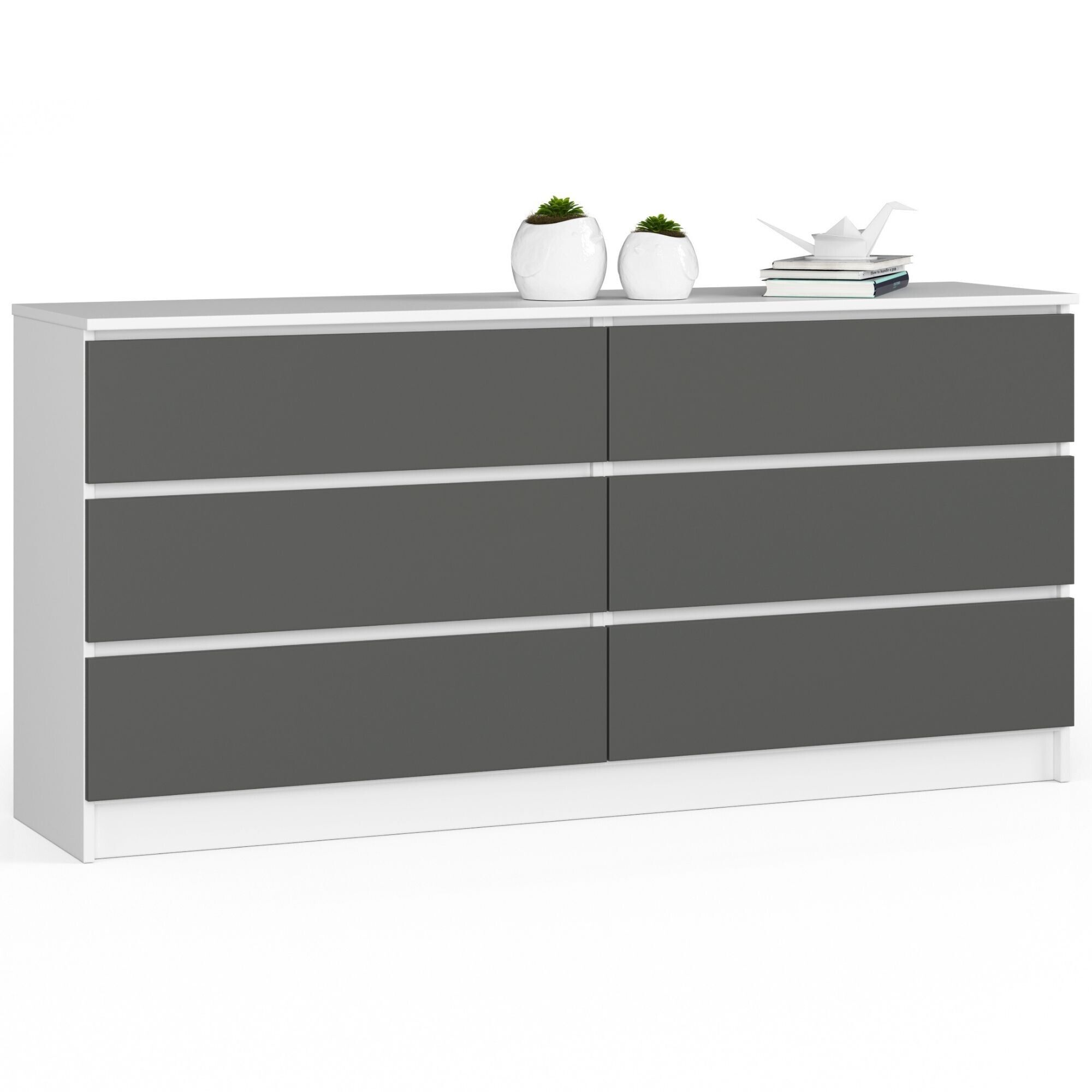 Grande Commode Pour Le Salon Akord K160 Blanche 160 Cm 6 Tiroirs Façade Gris Graphite 160x40x77 Cm