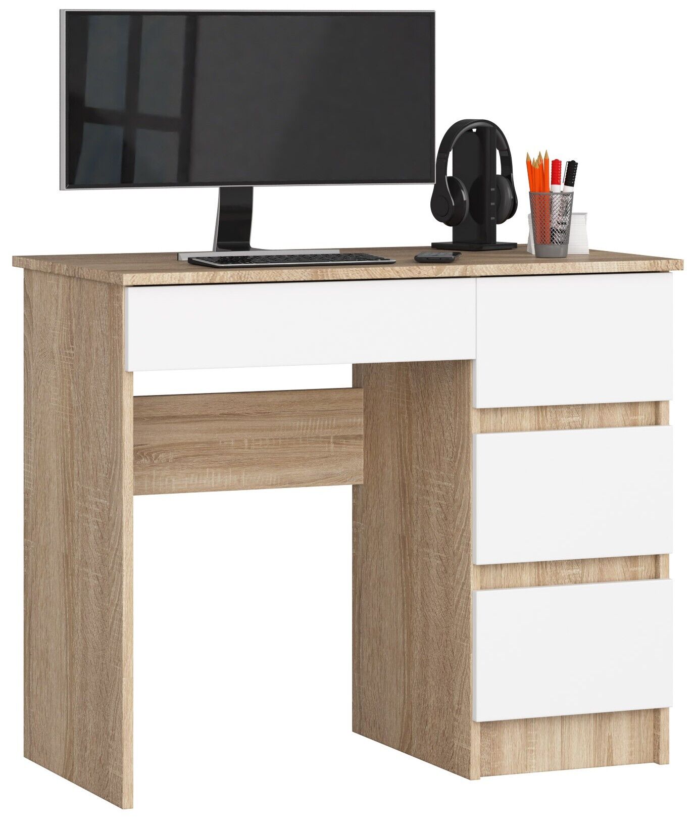Bureau D'ordinateur Akord Droit A7 Chêne Sonoma 90 Cm 4 Tiroirs Façade Blanche 90x50x77 Cm