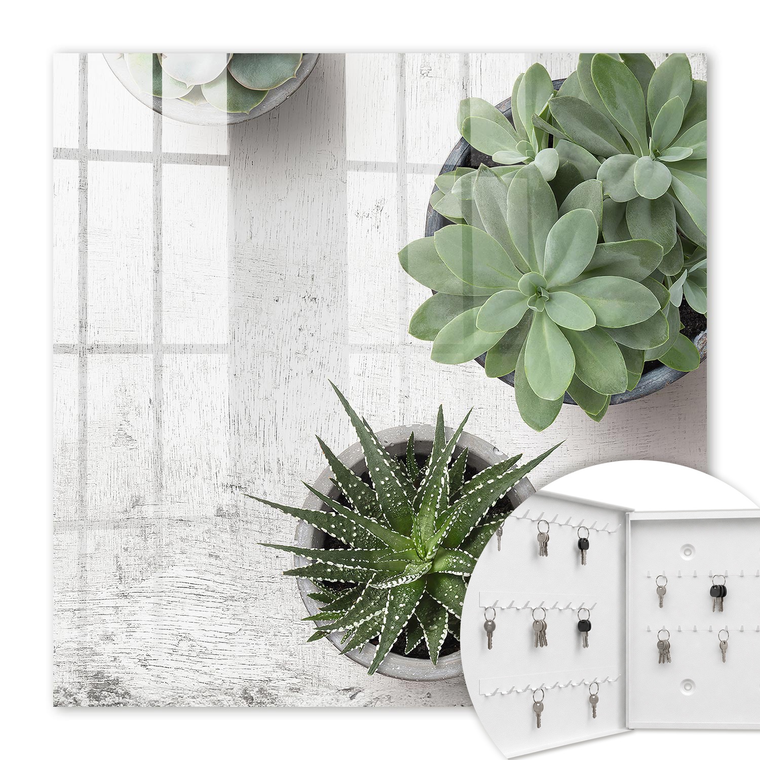 Armoire À Clés - (30 Cm X 30 Cm) - Boîte À Clés Murale - Coffret De Rangement Pour Clés - Couleur Blanche - Ouverture Vers La Gauche - Pour Maison Et Bureau - Plantes Succulentes Vertes