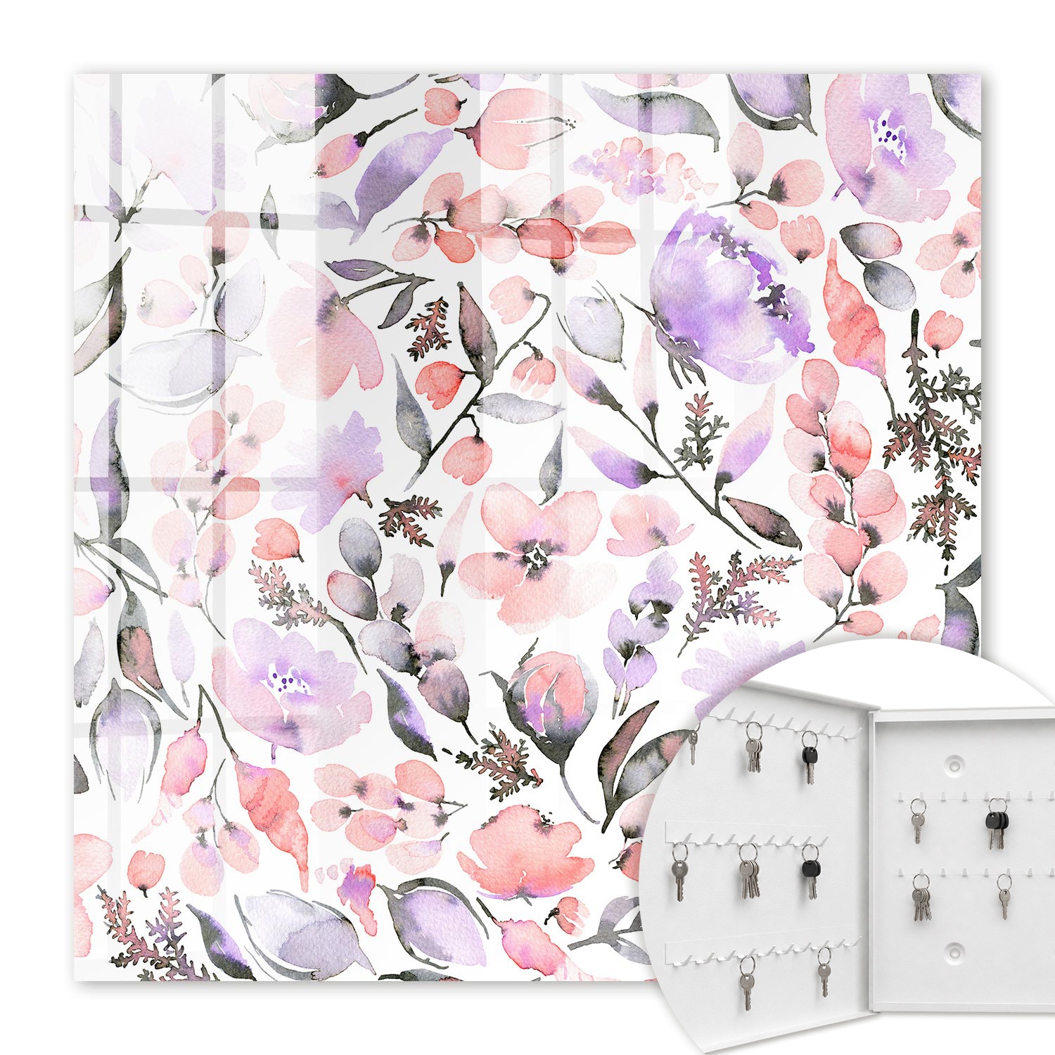 Armoire À Clés - (30 Cm X 30 Cm) - Boîte À Clés Murale - Coffret De Rangement Pour Clés - Couleur Blanche - Ouverture Vers La Gauche - Pour Maison Et Bureau - Fleurs Pastel