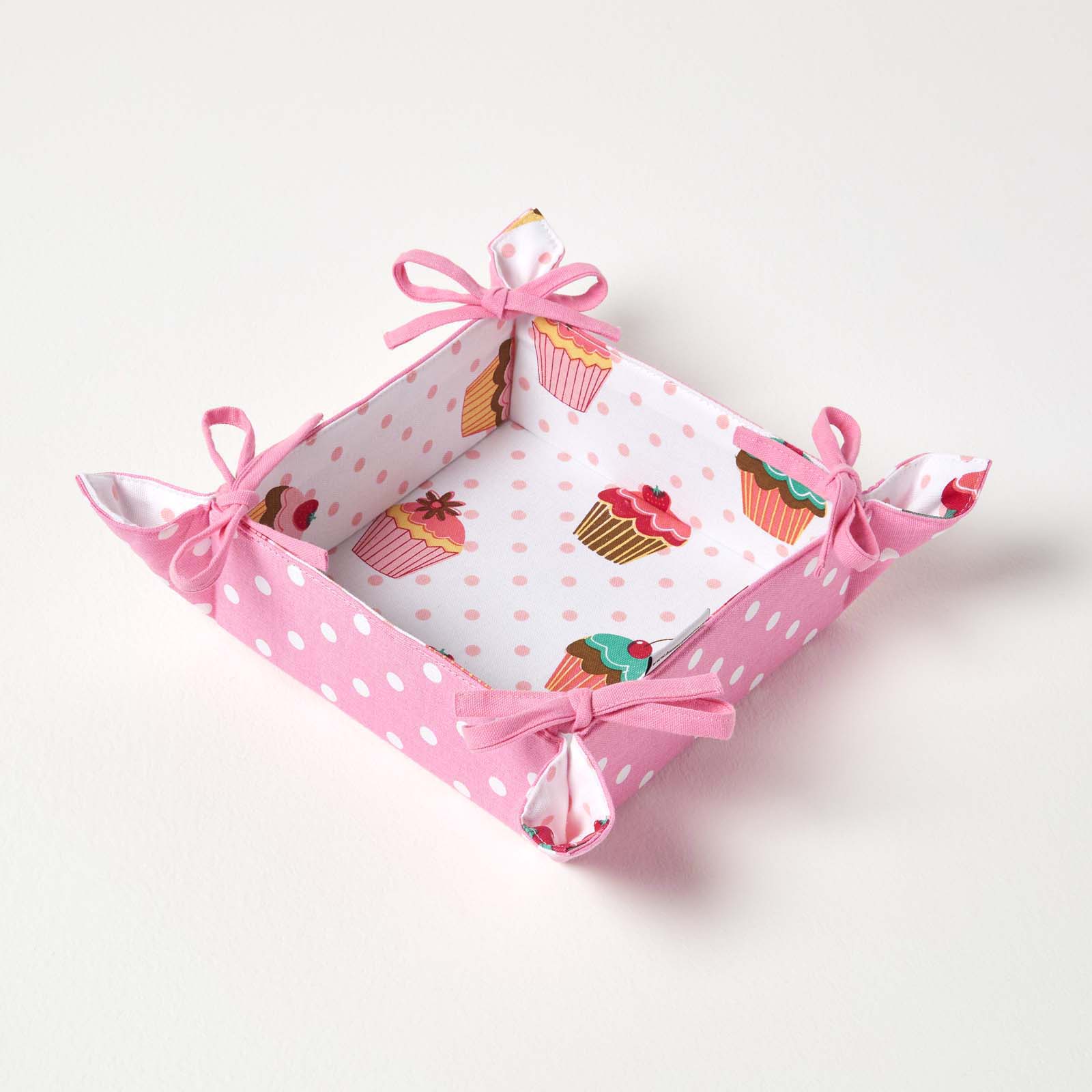 Corbeille À Pain Carré Tissu Pois Rose Et Imprimé Cupcakes Réversible - Homescapes