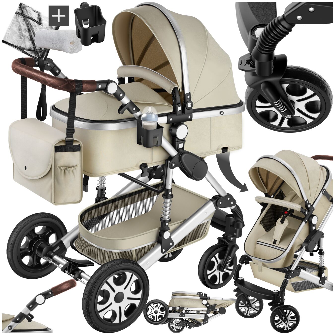 Poussette Combinée Pliable Avec Harnais À 5 Points Gris/beige