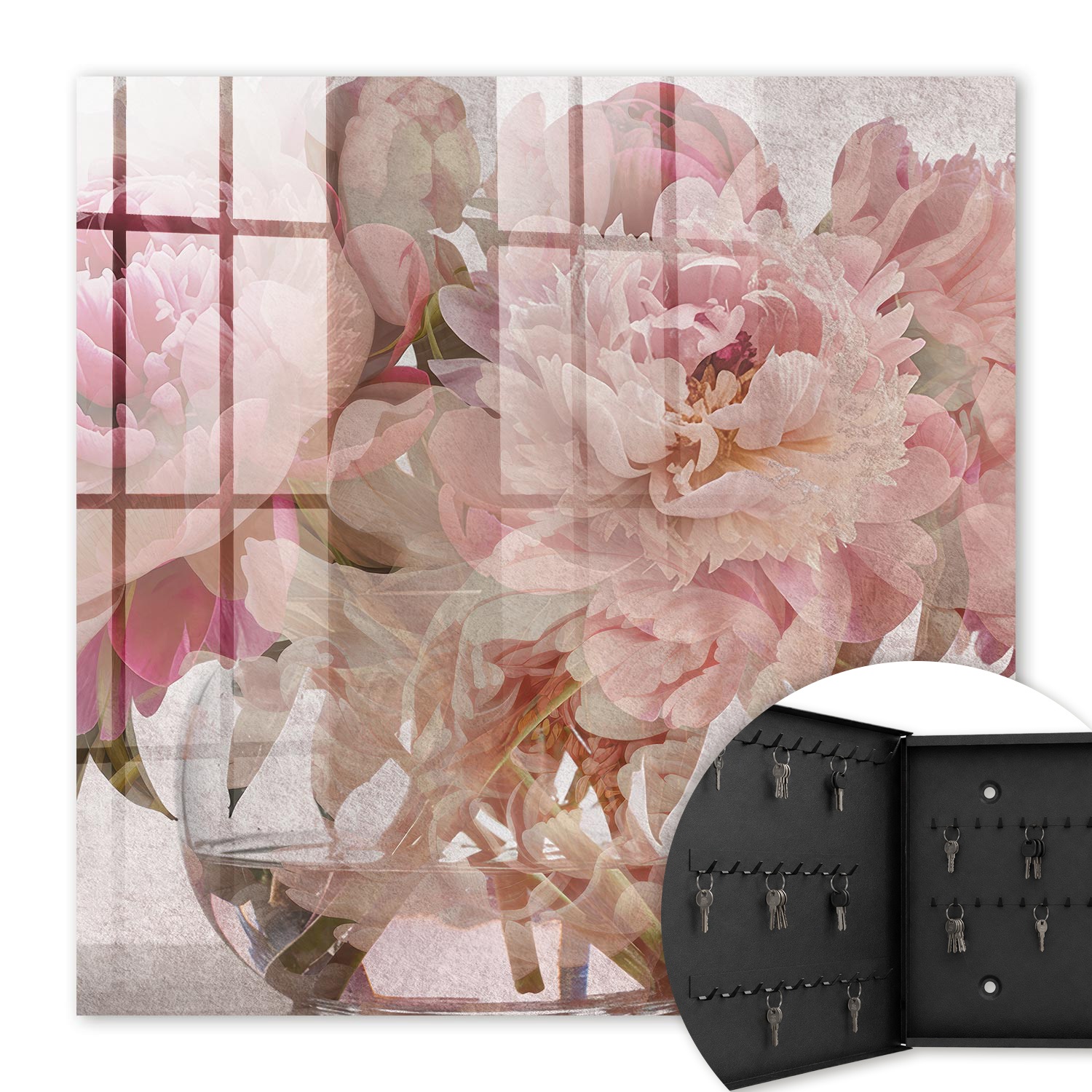 Armoire À Clés - (30 Cm X 30 Cm) - Boîte À Clés Murale - Coffret De Rangement Pour Clés - Couleur Noire - Ouverture Vers La Gauche - Pour Maison Et Bureau - Fleurs Romantiques