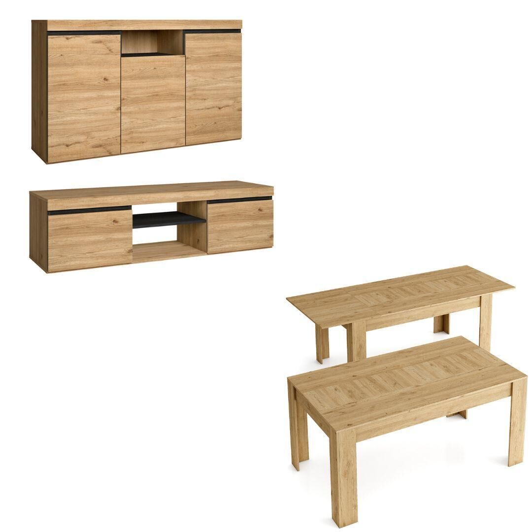 Ensemble Naturale Salon, Buffet-meuble Tv 140cm-table Extensible Chêne Et Noir
