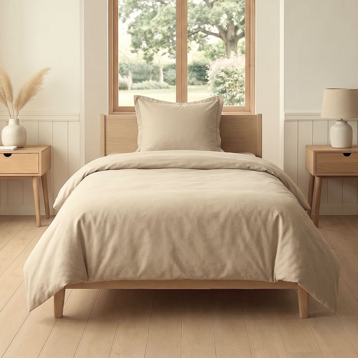 Parure Housse De Couette 140x200cm + 1 Taies 100% Coton Grège - Vitalia