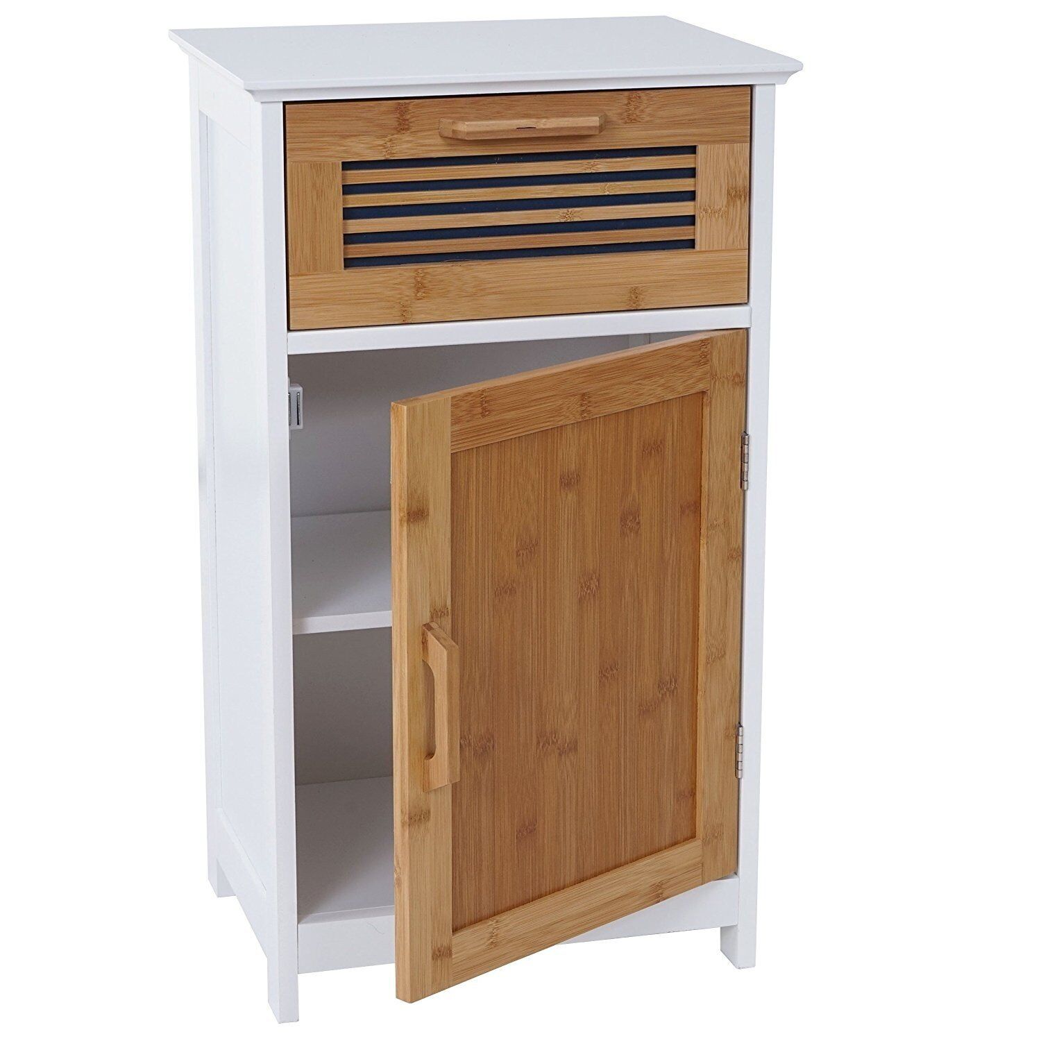 Meuble De Salle De Bain Commode Avec Tiroir Et Étagère Mdf Et Bambou Sdb04032