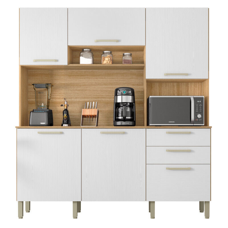 Buffet Cuisine Beaux Meubles Pas Chers 6 Portes 2 Tiroirs L 180,2 H 198 P 38,8 Cm Imitation Chêne Blanc Structuré
