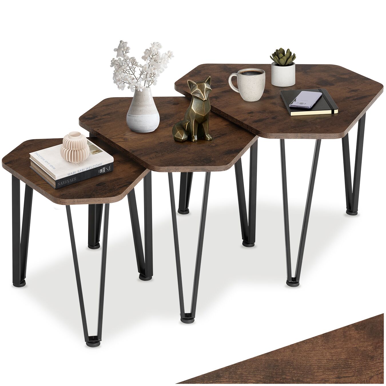 Ensemble De Tables D'appoint En 3 Parties Empilable Bois Foncé