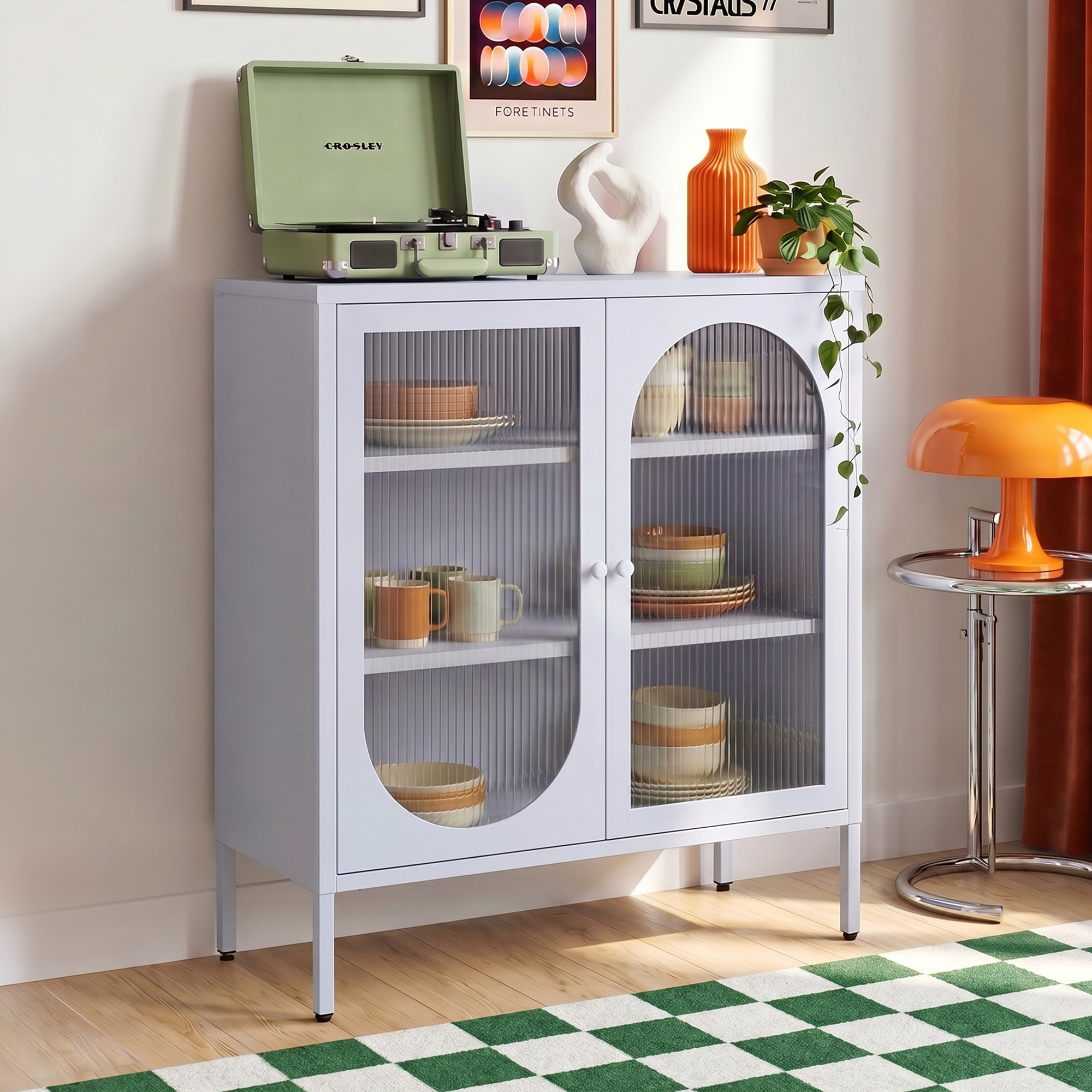 Sicaan Buffet Industriel En Métal 2 Portes, Bleu Gris Et Verre Cannelé 80 Cm Kurt