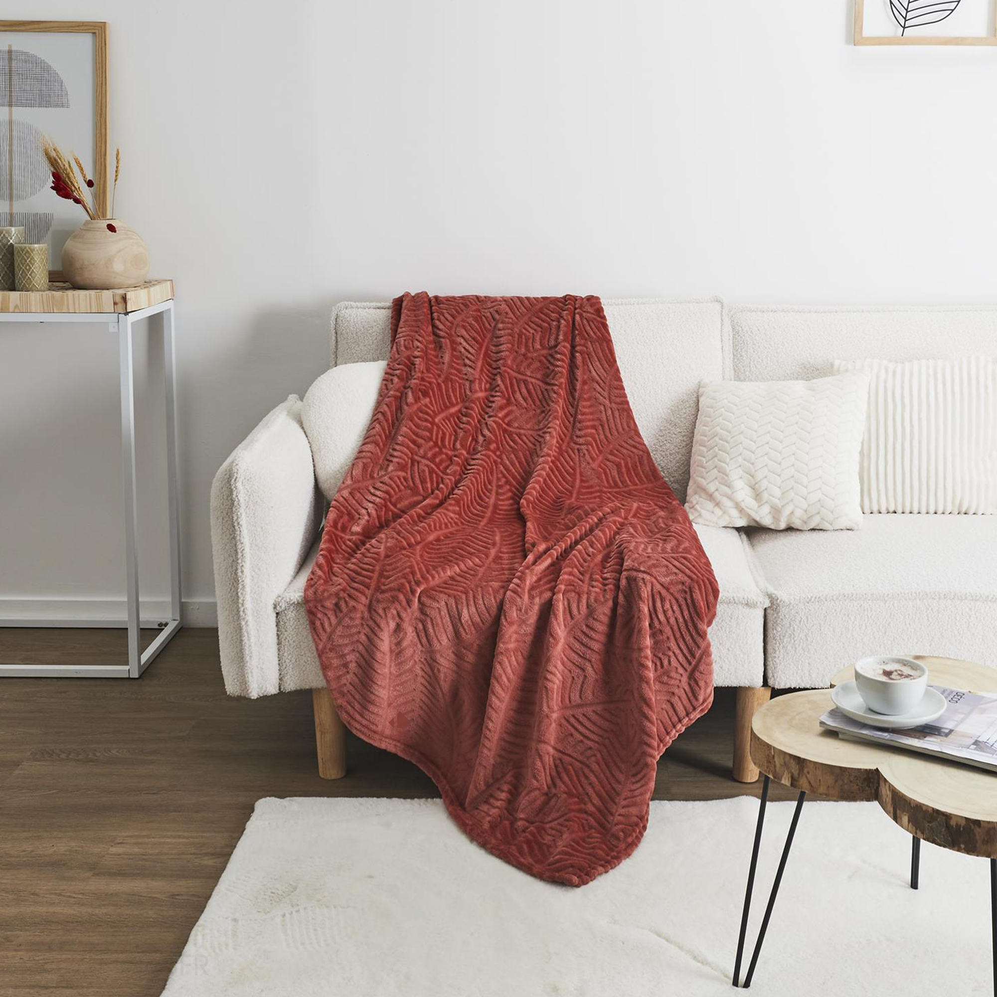 Plaid Flanelle Julia 150x200 Cm Motif Végétation Rouge Terracotta