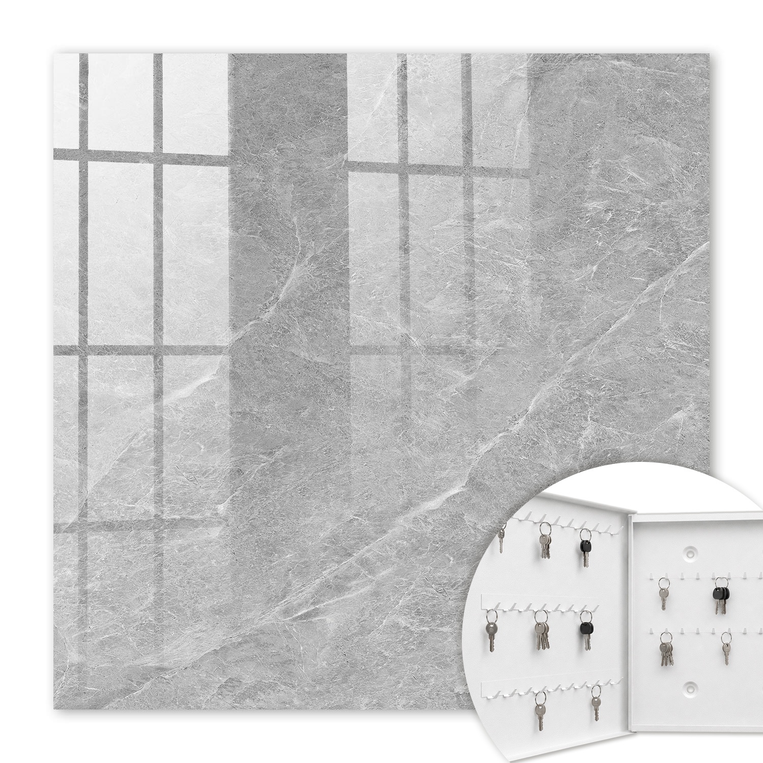 Armoire À Clés - (30 Cm X 30 Cm) - Boîte À Clés Murale - Coffret De Rangement Pour Clés - Couleur Blanche - Ouverture Vers La Gauche - Pour Maison Et Bureau - Texture De Marbre