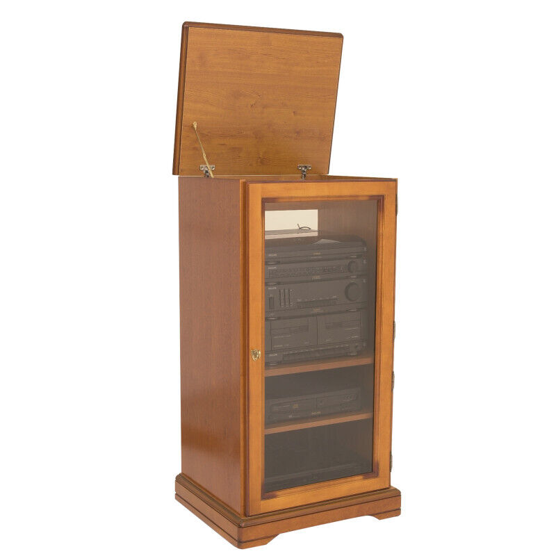 Rack Hi-fi Beaux Meubles Pas Chers Merisier 1 Porte Vitrée Dessus Relevable 5 Niches 57 X 107 X 46,5 Cm Marron Bois