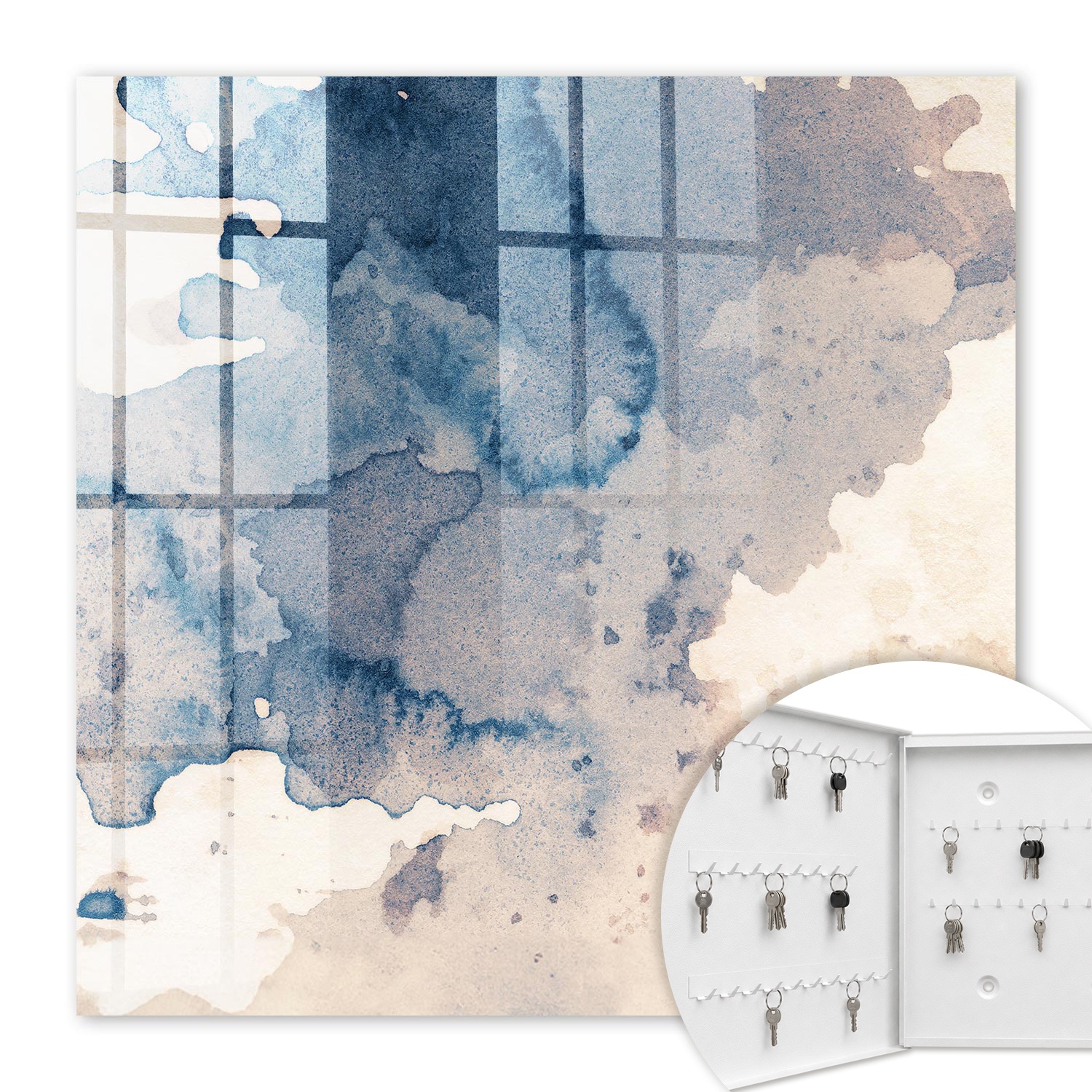 Armoire À Clés - (30 Cm X 30 Cm) - Boîte À Clés Murale - Coffret De Rangement Pour Clés - Couleur Blanche - Ouverture Vers La Gauche - Pour Maison Et Bureau - Taches D'Aquarelle