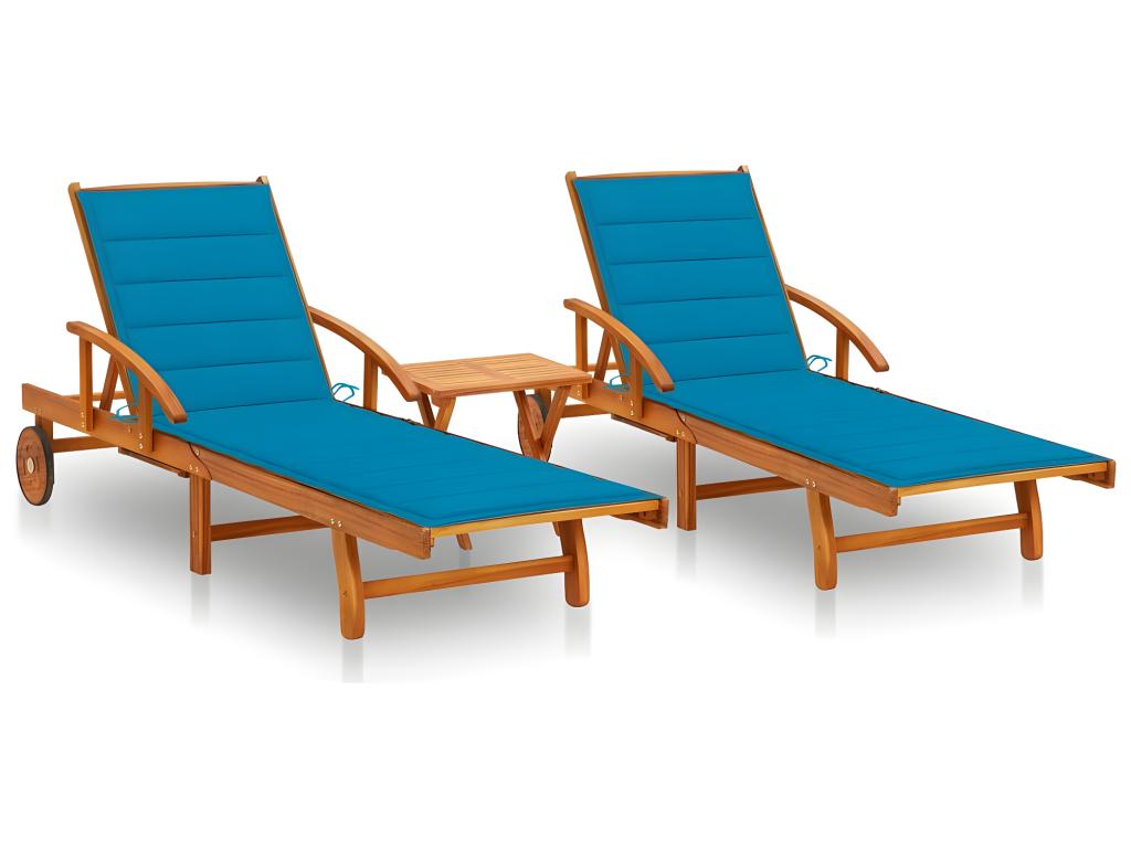 Lot De 2 Transats Chaise Longue Bain De Soleil Lit De Jardin Terrasse Meuble D'extérieur Avec Table Et Coussins Acacia S