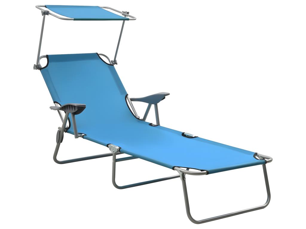 Transat Chaise Longue Bain De Soleil Lit De Jardin Terrasse Meuble D'extérieur 188 Cm Avec Auvent Acier Bleu 02_0012264