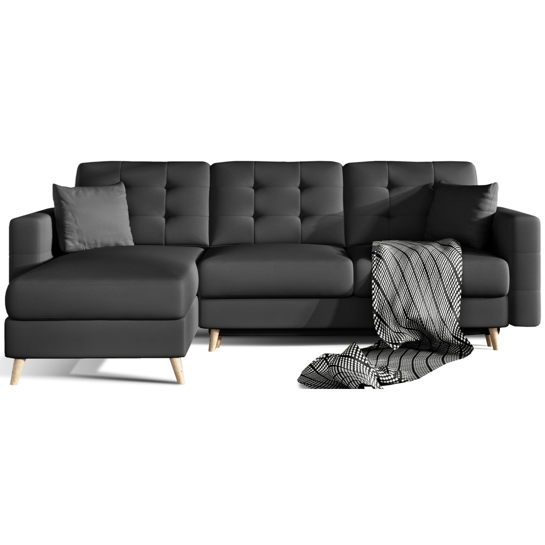 Canapé D'Angle Convertible Hasgard 3 Places Noir 248x162 Cm - Coffre Et Pieds Bois