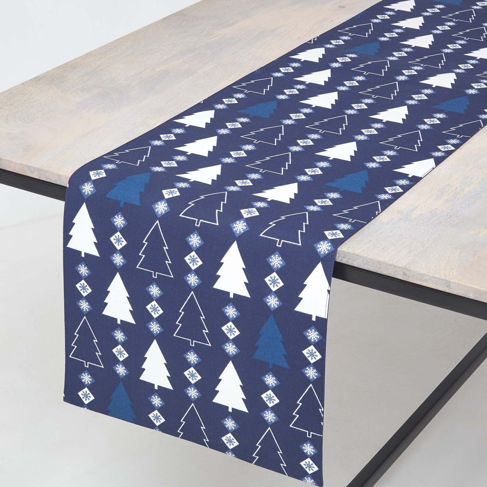 Chemin De Table De Noël Sapins Bleu En Coton 35x180cm - Homescapes