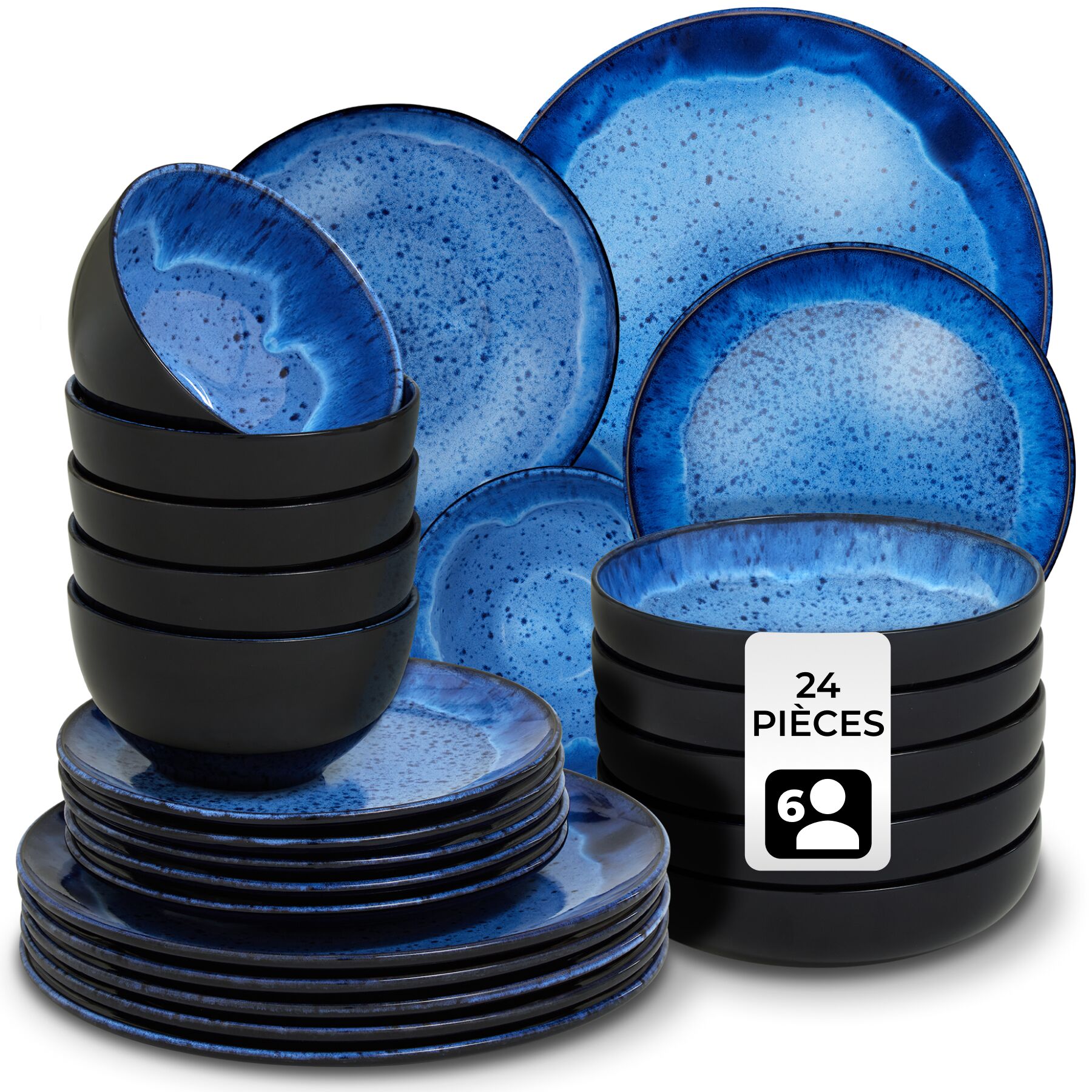 Set De Vaisselle 24 Pièces En Faïence 6 Personnes Fait Main Bleu