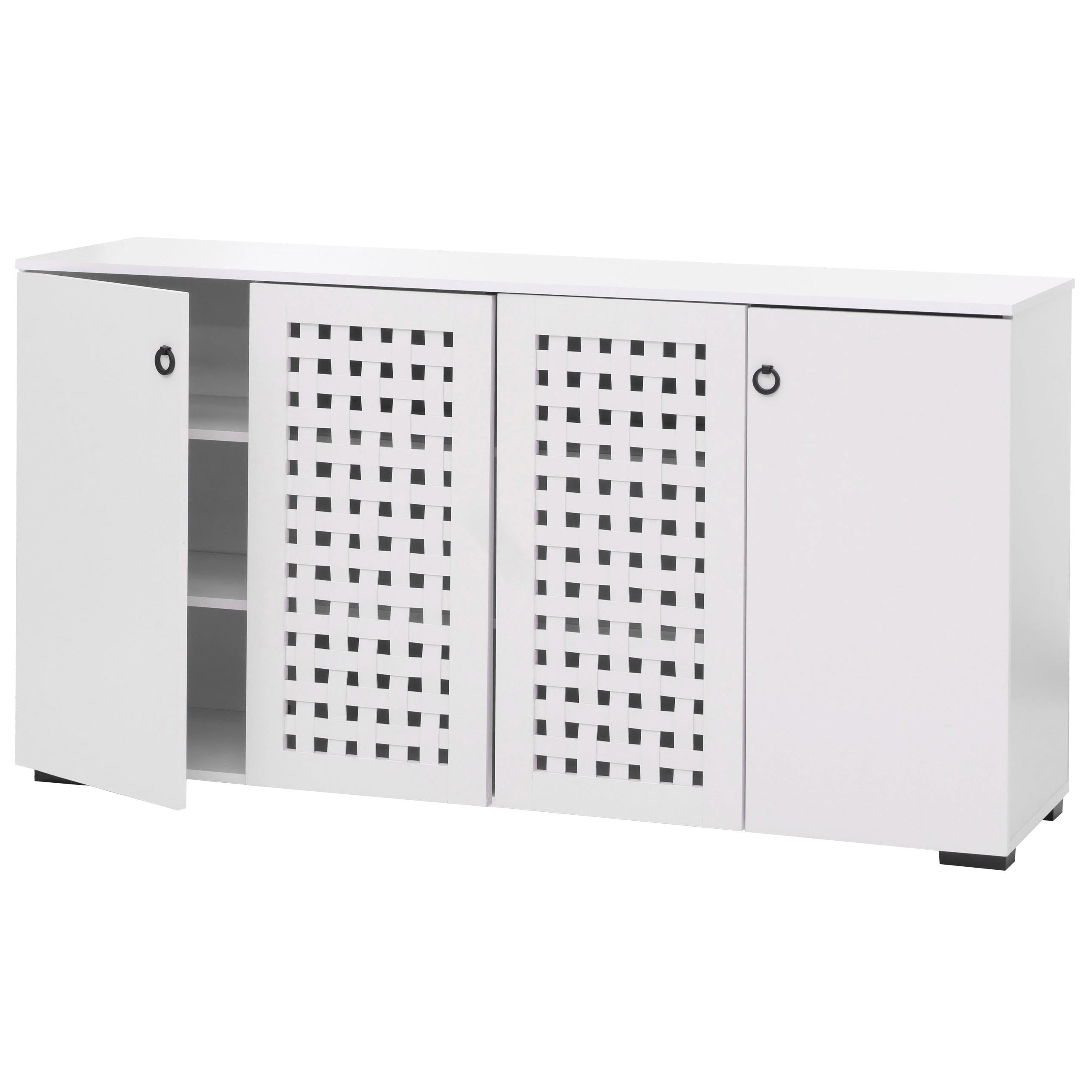 Buffet Avec 4 Portes Avec Design Tressé 3d 9 Compartiments De Rangement 83x159x37 Cm Mdf Blanc 040009841
