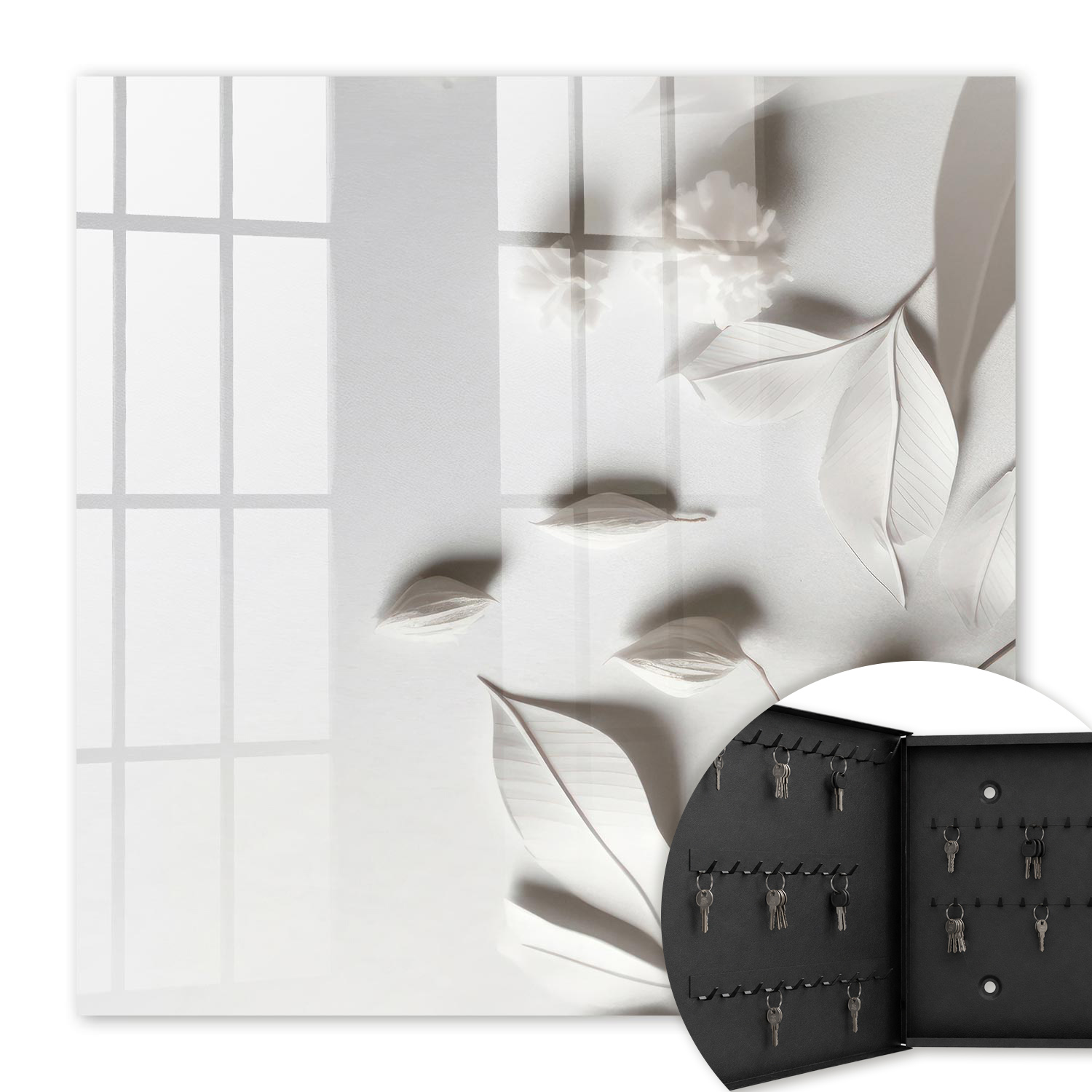 Armoire À Clés - (30 Cm X 30 Cm) - Boîte À Clés Murale - Coffret De Rangement Pour Clés - Couleur Noire - Ouverture Vers La Gauche - Pour Maison Et Bureau - Feuilles Blanches