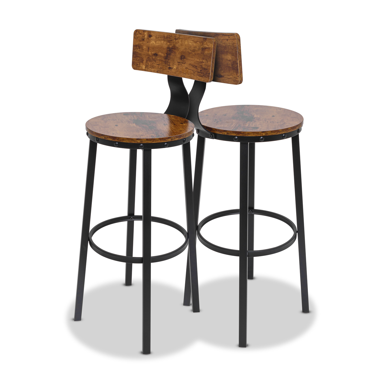 Shelby - Lot De 2 Tabourets Hauts, Tabouret De Bar Avec Dossier De Style Industriel, Bois Brun