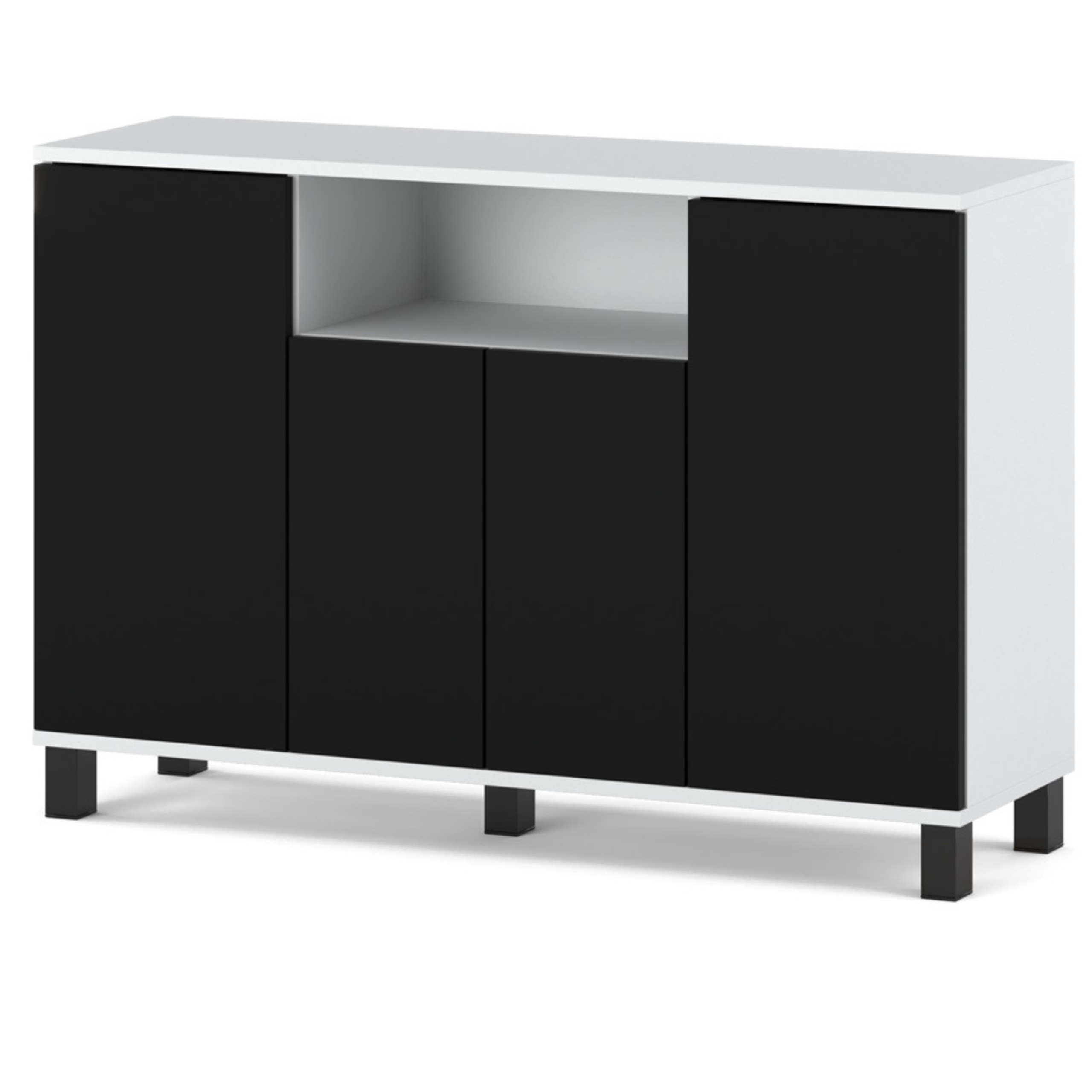 Commode Blanc + Noir 120 Cm 4 Portes - Meuble Tv Moderne Pour Salon Et Chambre - Buffet De Rangement Design