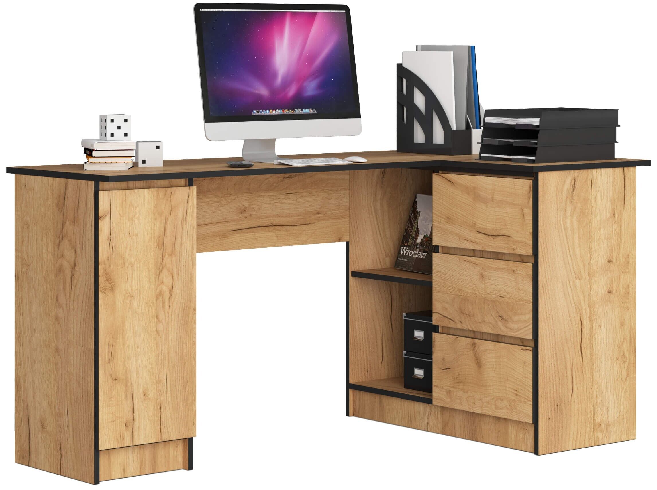 Bureau Akord D'angle Droit B20 Chêne Craft 155 Cm 1 Porte 3 Tiroirs Façade Chêne Craft 4 Étagères 155x85x77 Cm