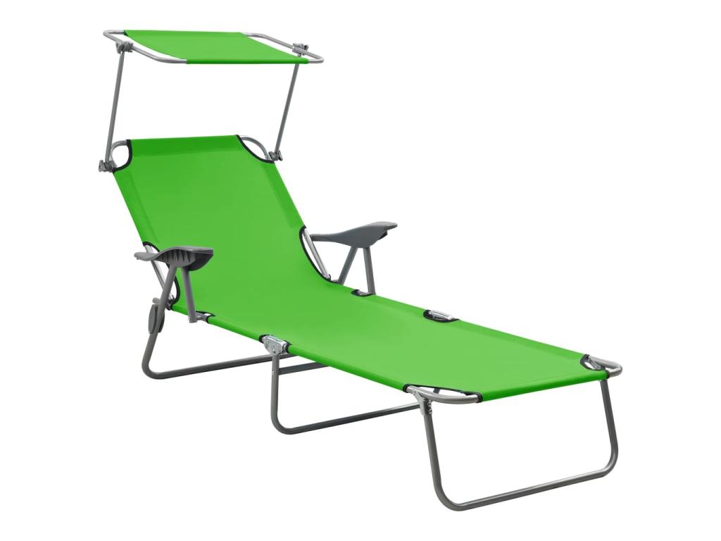 Transat Chaise Longue Bain De Soleil Lit De Jardin Terrasse Meuble D'extérieur 188 Cm Avec Auvent Acier Vert 02_0012270