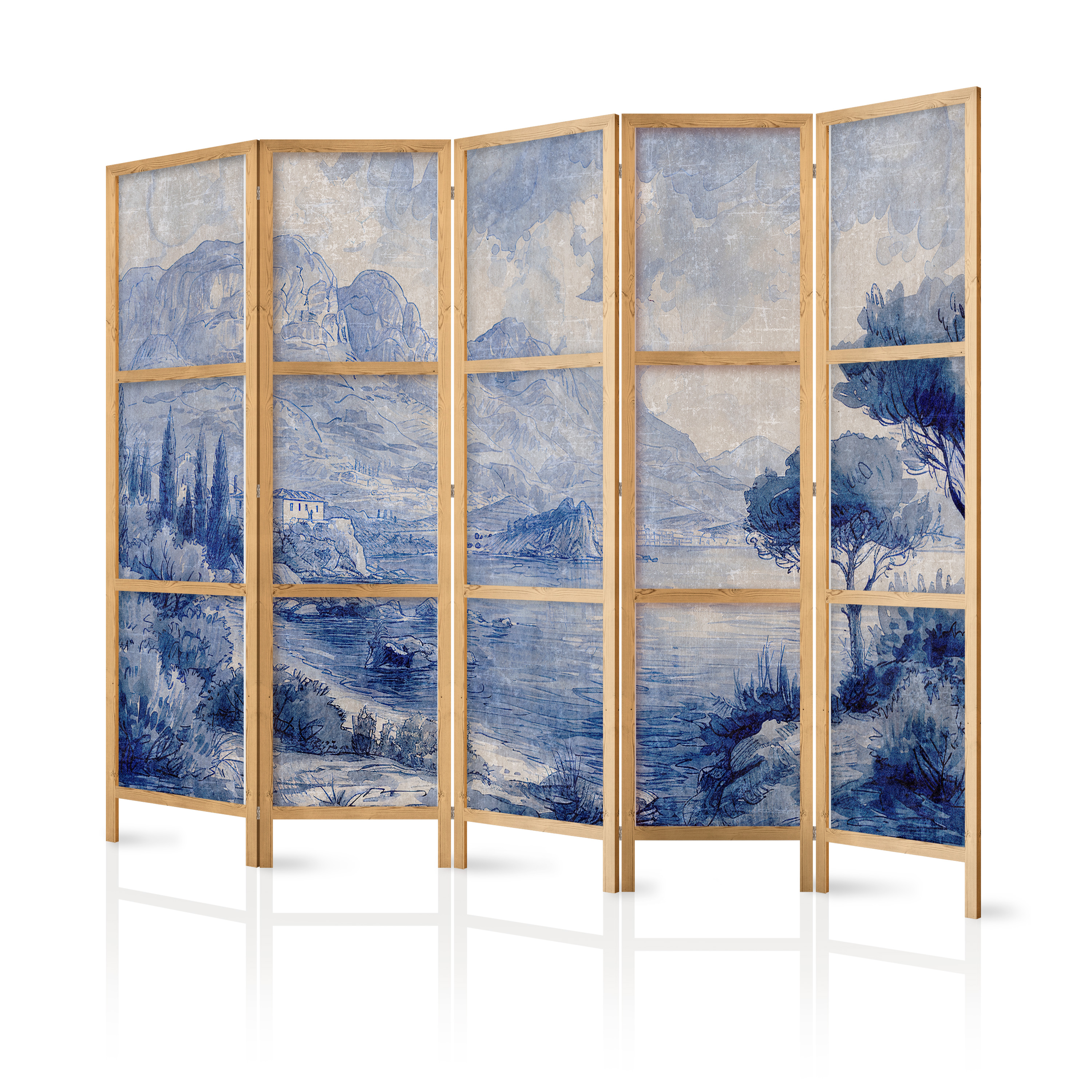 Paravent Japonais -lac De Côme Peint En Nuances De Bleu 225x172