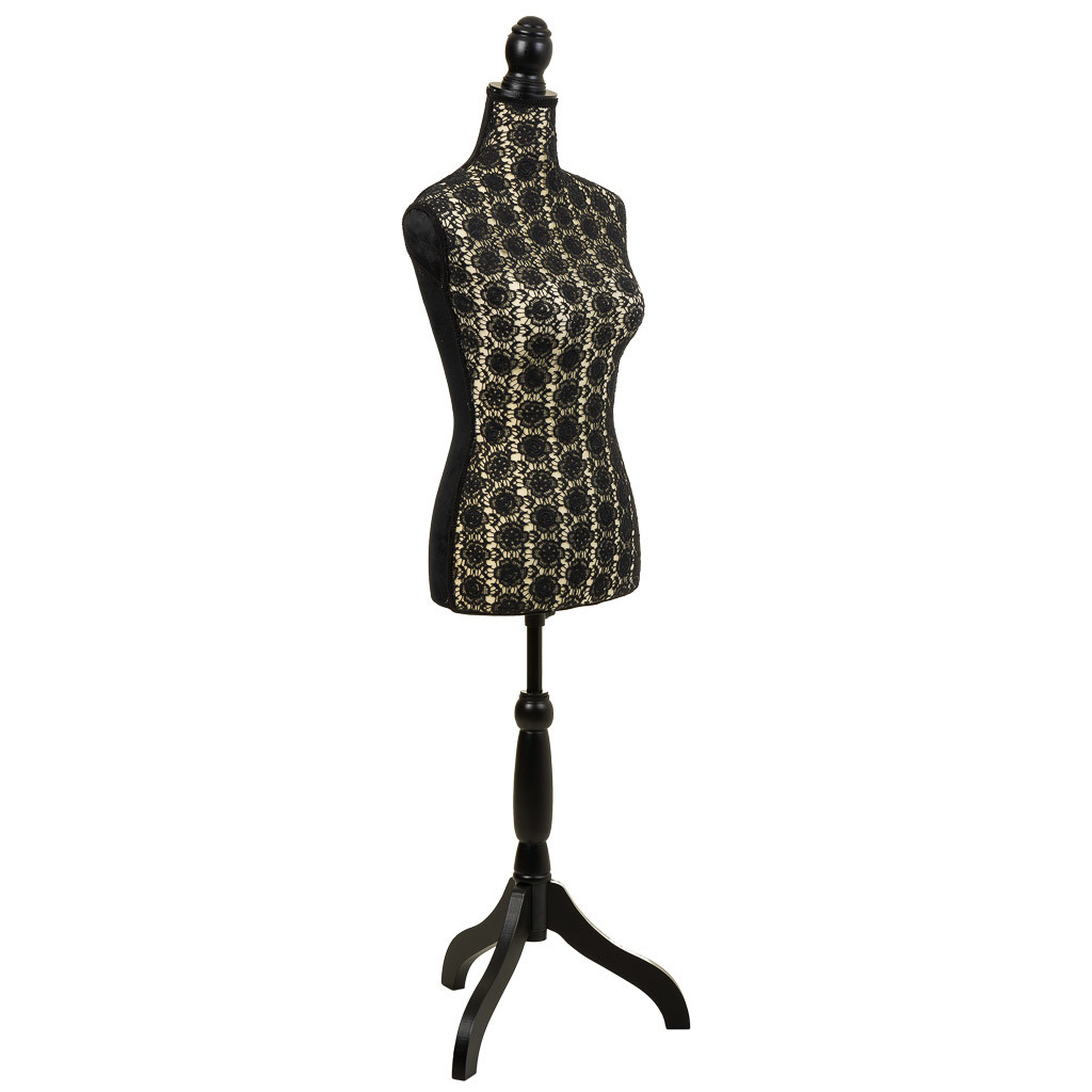 Mannequin En Bois Et Mousse Habillé De Tissu Noir 24x37,5x168h