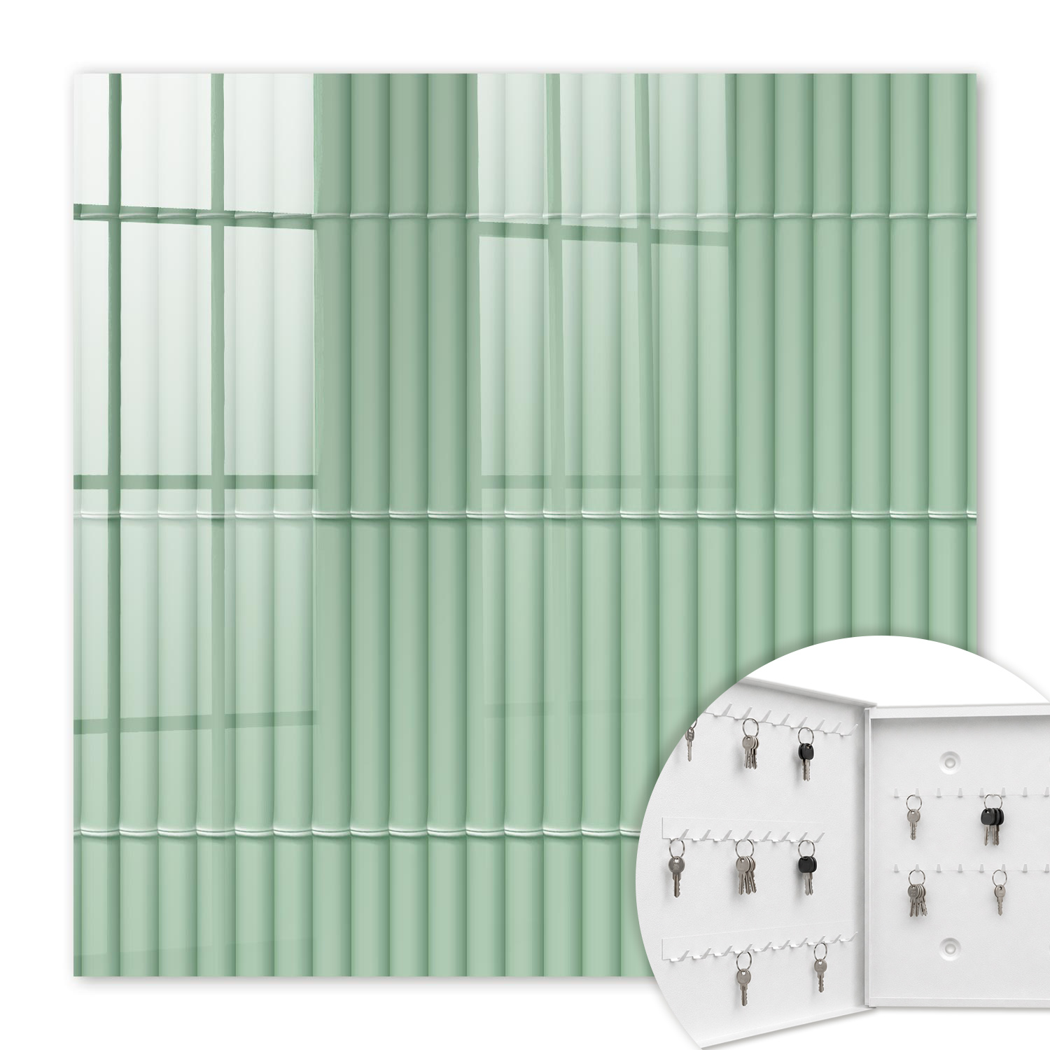 Armoire À Clés - (30 Cm X 30 Cm) - Boîte À Clés Murale - Coffret De Rangement Pour Clés - Couleur Blanche - Ouverture Vers La Gauche - Pour Maison Et Bureau - Rayures Vertes