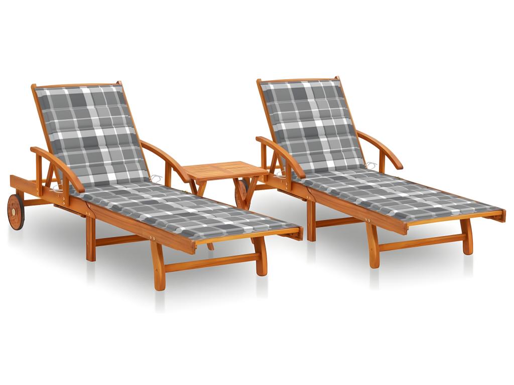 Lot De 2 Transats Chaise Longue Bain De Soleil Lit De Jardin Terrasse Meuble D'extérieur Avec Table Et Coussins Acacia S