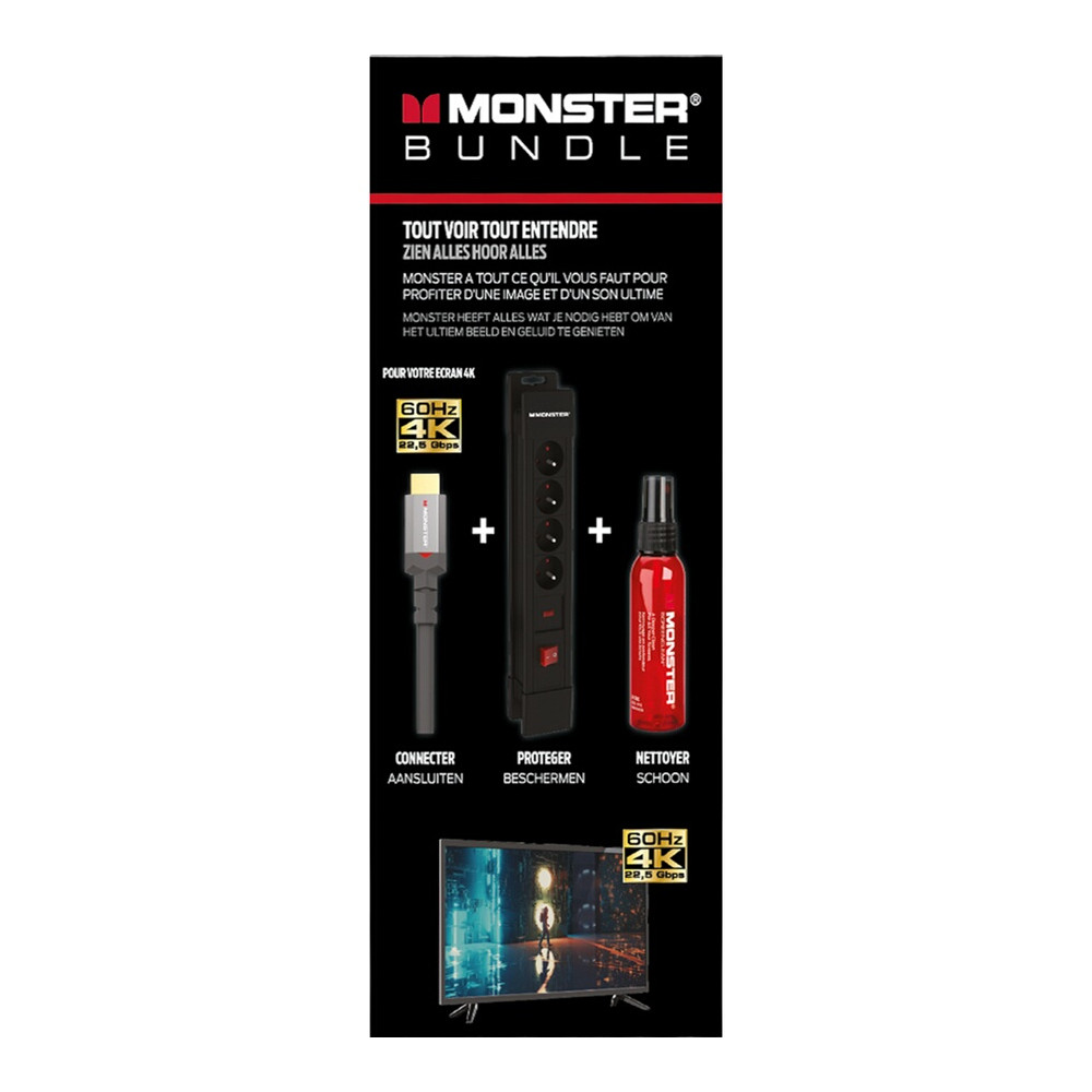 Pack Monster Câble Hdmi 2.0 1,8 M Parafoudre 4 Prises Nettoyant Écran 60 Ml Monster