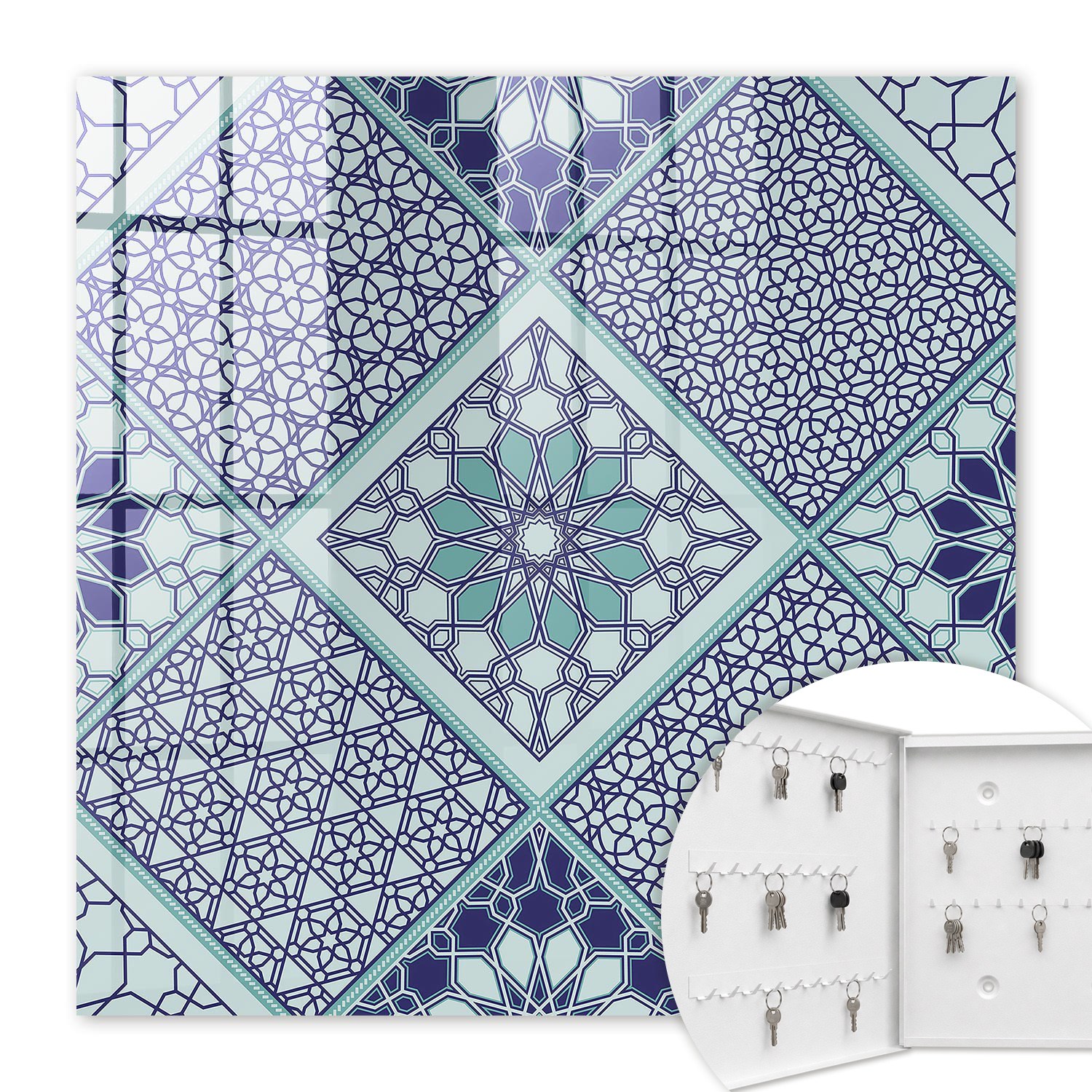 Armoire À Clés - (30 Cm X 30 Cm) - Boîte À Clés Murale - Coffret De Rangement Pour Clés - Couleur Blanche - Ouverture Vers La Gauche - Pour Maison Et Bureau - Motif Géométrique