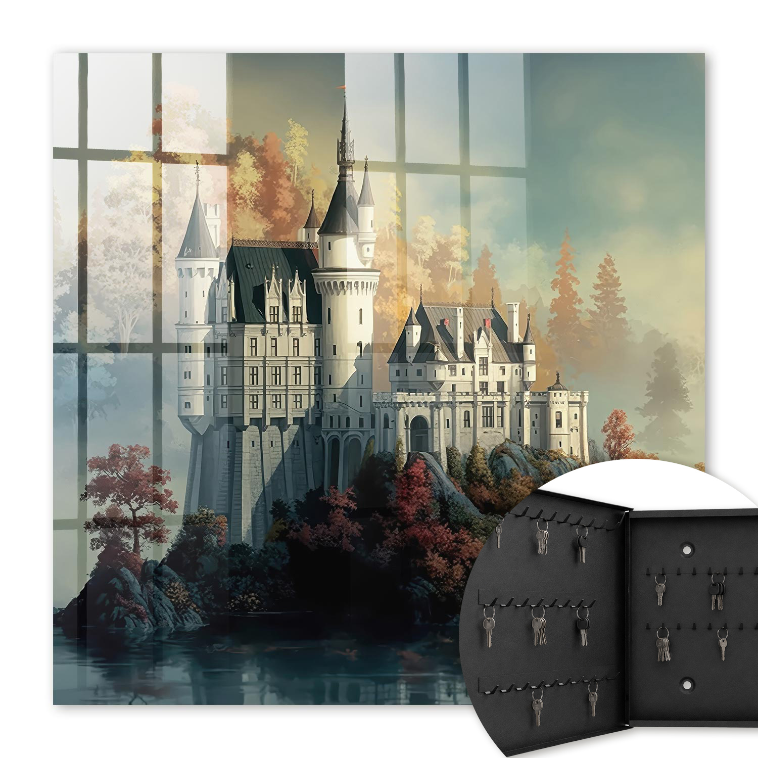 Armoire À Clés - (30 Cm X 30 Cm) - Boîte À Clés Murale - Coffret De Rangement Pour Clés - Couleur Noire - Ouverture Vers La Gauche - Pour Maison Et Bureau - Château En Automne