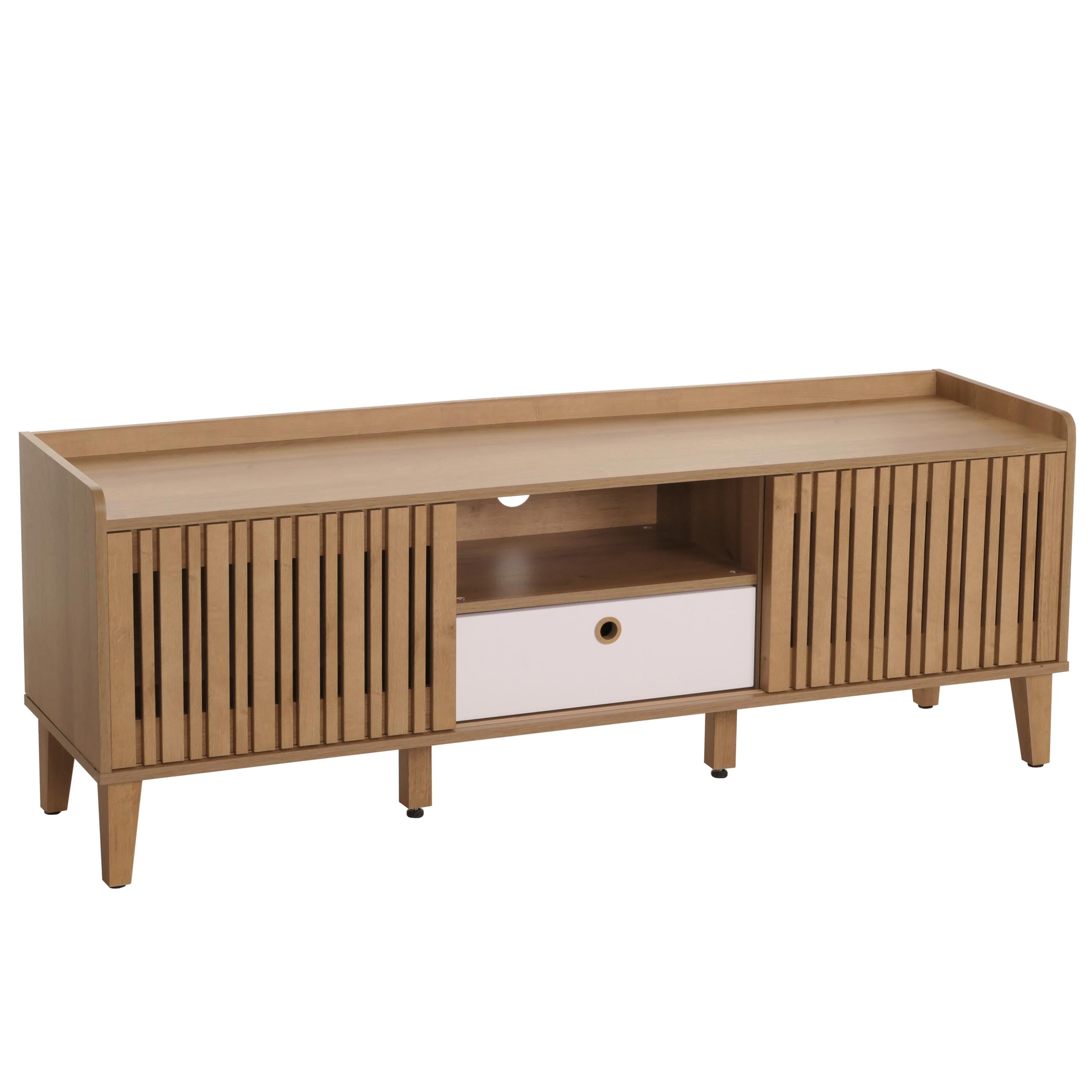 Meuble Tv Porte Coulissante 3 Compartiments De Rangement Bois De Manguier 56 X 150 04_0007870
