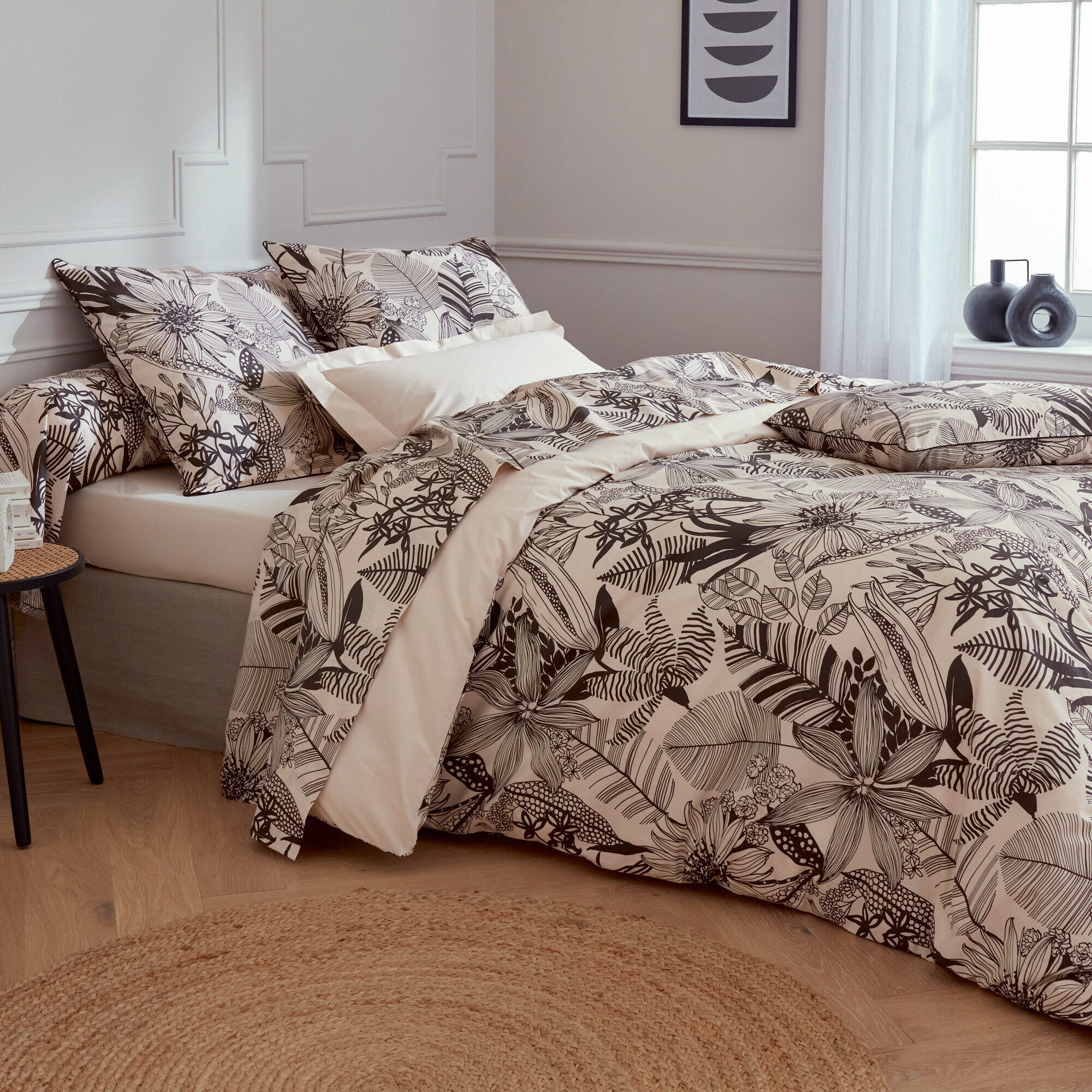 Parure De Lit 140x200 Cm Taie 50x70 Cm Percale De Coton Alba Beige/noir 2 Pièces