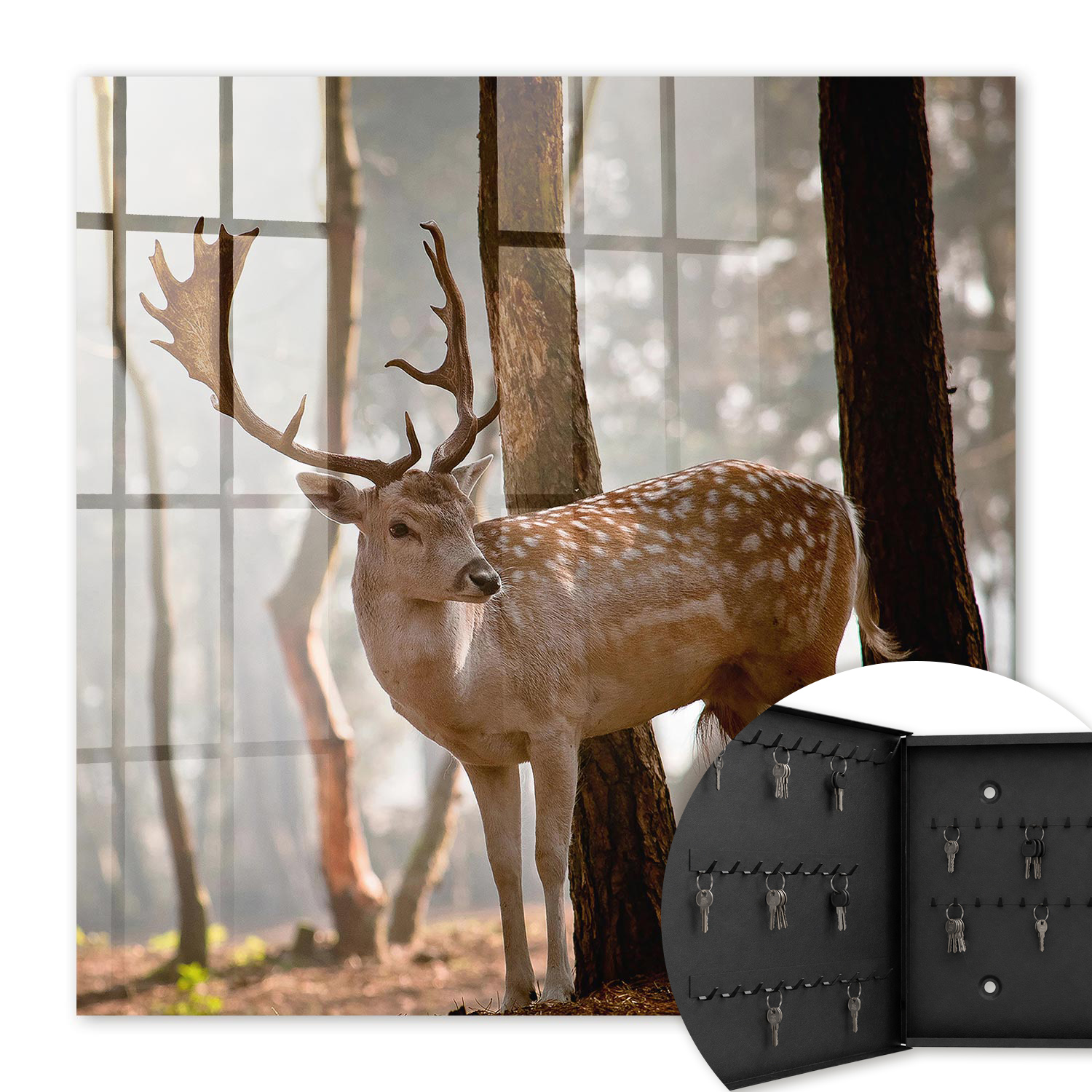 Armoire À Clés - (30 Cm X 30 Cm) - Boîte À Clés Murale - Coffret De Rangement Pour Clés - Couleur Noire - Ouverture Vers La Gauche - Pour Maison Et Bureau - Cerfs Dans La Forêt