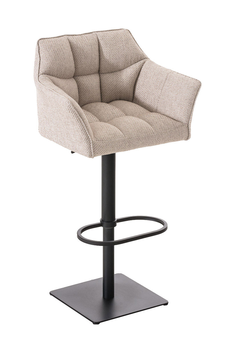Tabouret De Bar Chaise Haute De Comptoir Couture Carrées Assise En Tissu Crème Cadre 10_0004695