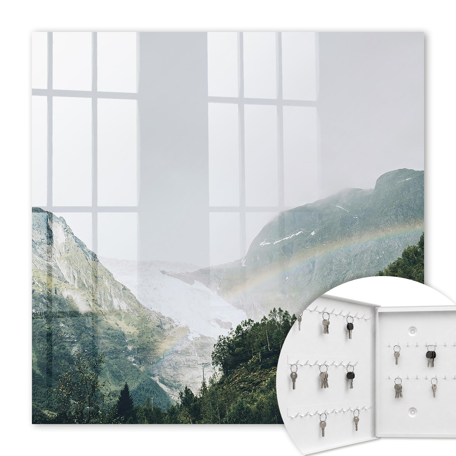 Armoire À Clés - (30 Cm X 30 Cm) - Boîte À Clés Murale - Coffret De Rangement Pour Clés - Couleur Blanche - Ouverture Vers La Gauche - Pour Maison Et Bureau - Montagnes Arc-en-ciel