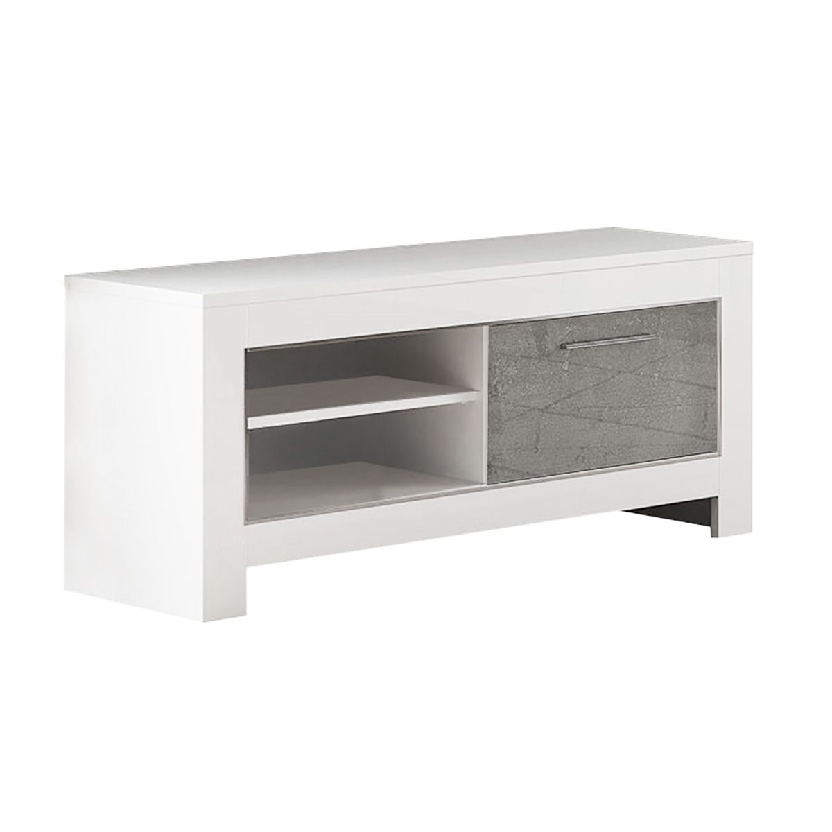 Denae - Meuble Tv 1 Porte L112cm Laqué Blanc Brillant Et Gris Marbré